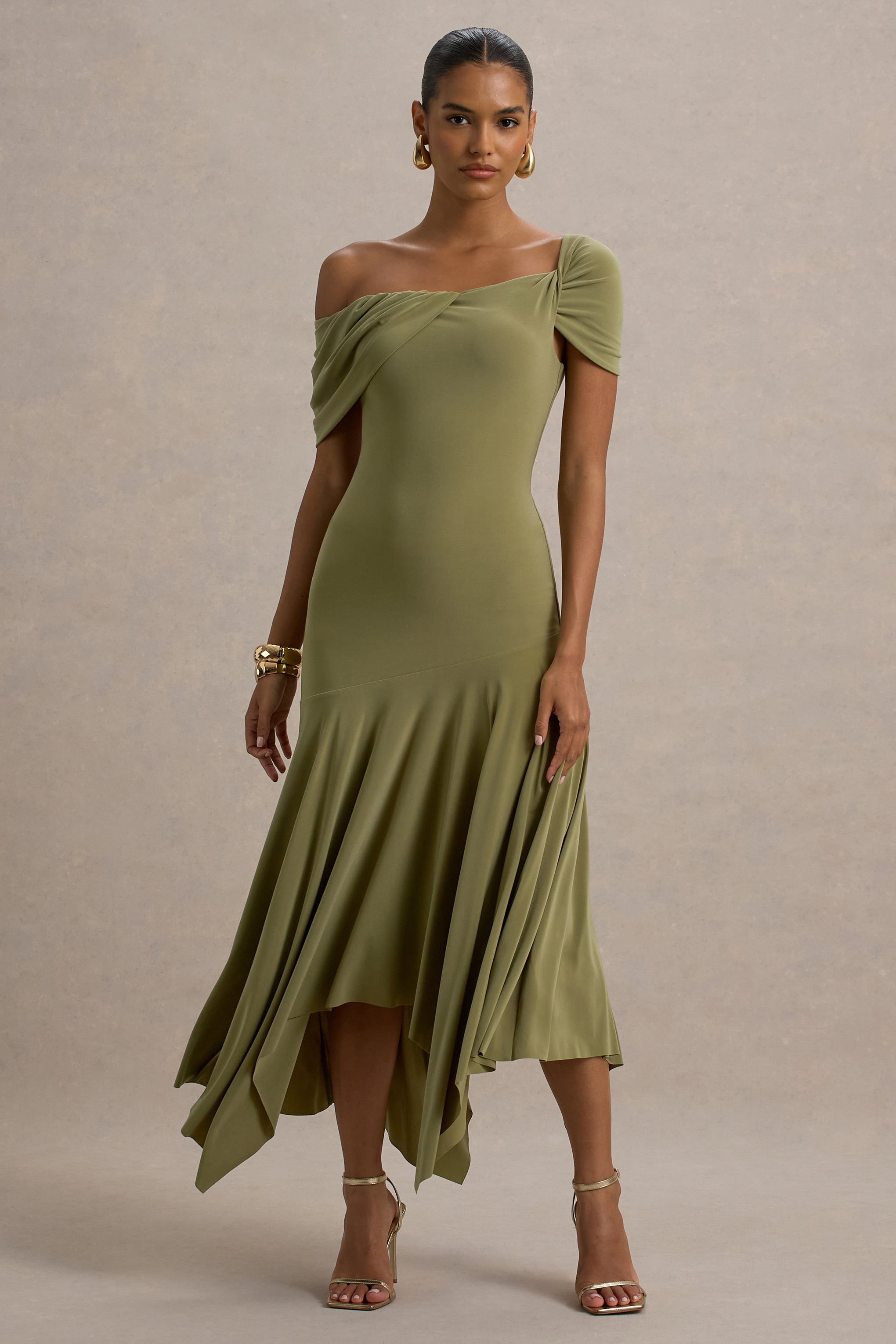 Castor | Olive Asymmetric Midi Dress-Sowoom