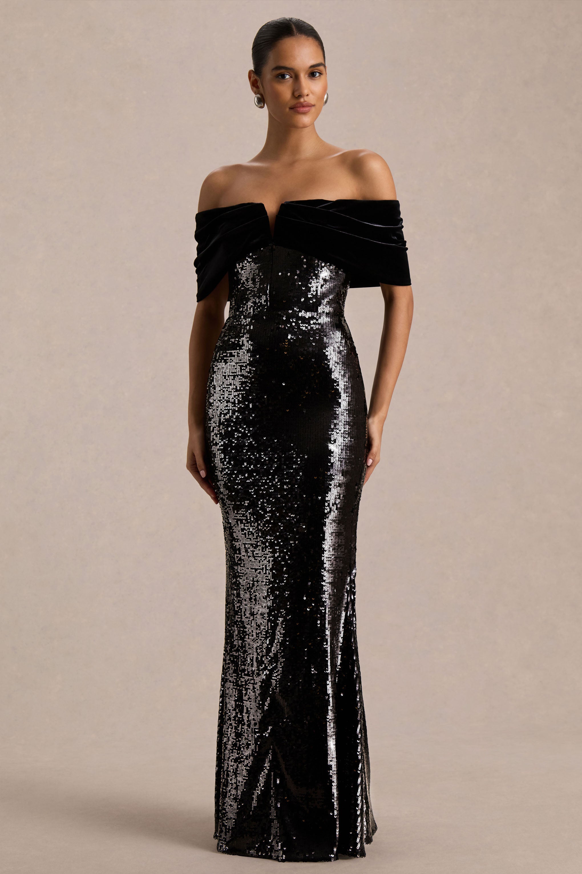 Bex | Black Sequin And Velvet Bardot-Neck Maxi Dress-Sowoom