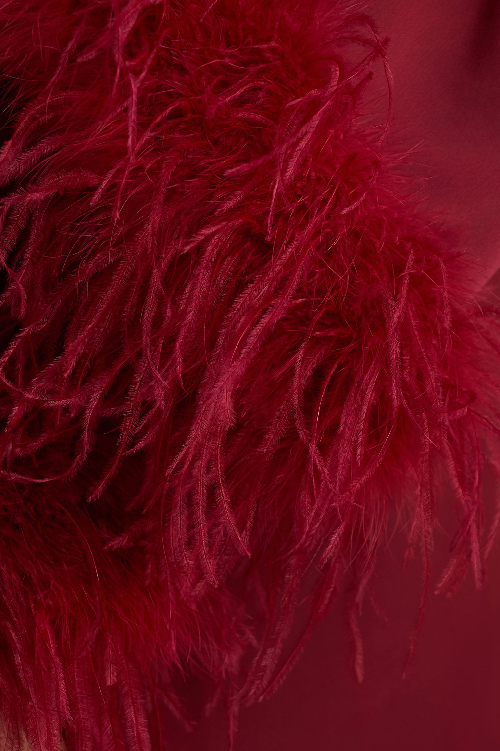 Adella | Burgundy Satin Feather-Trim Maxi Dress-Sowoom