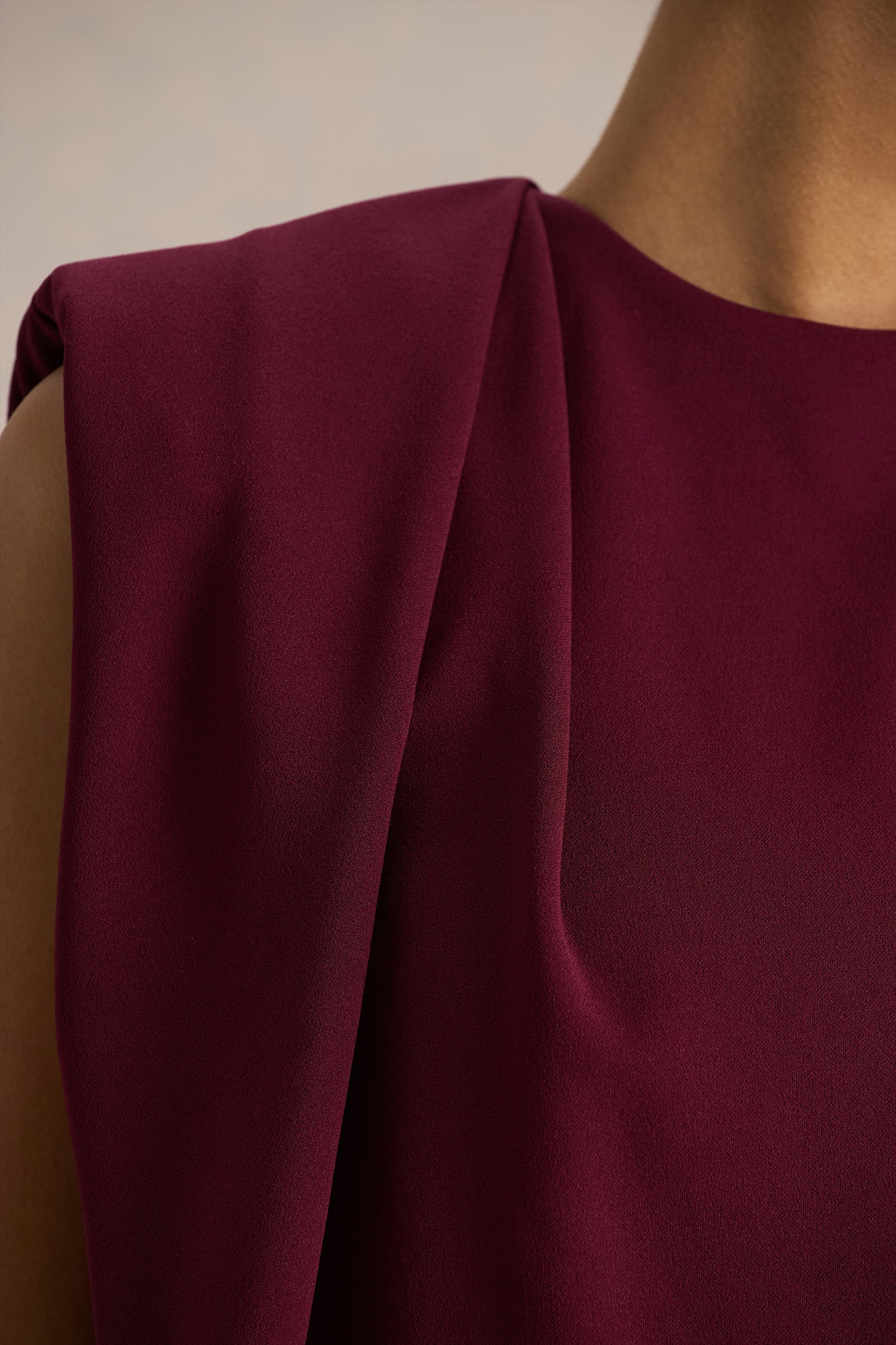 Meave | Burgundy Boat-Neck Maxi Dress With Draped Detail-Sowoom
