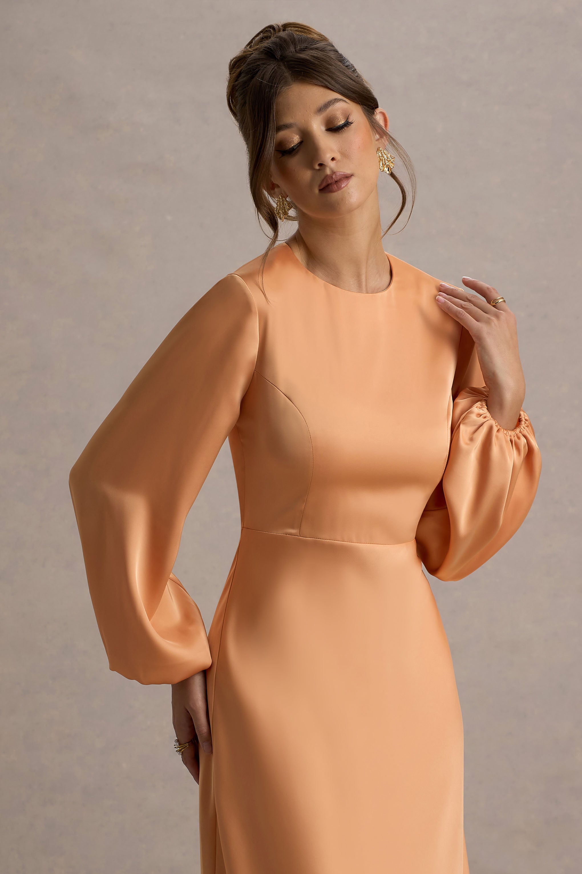 Crawley | Peach Satin Puff-Sleeve Maxi Dress-Sowoom