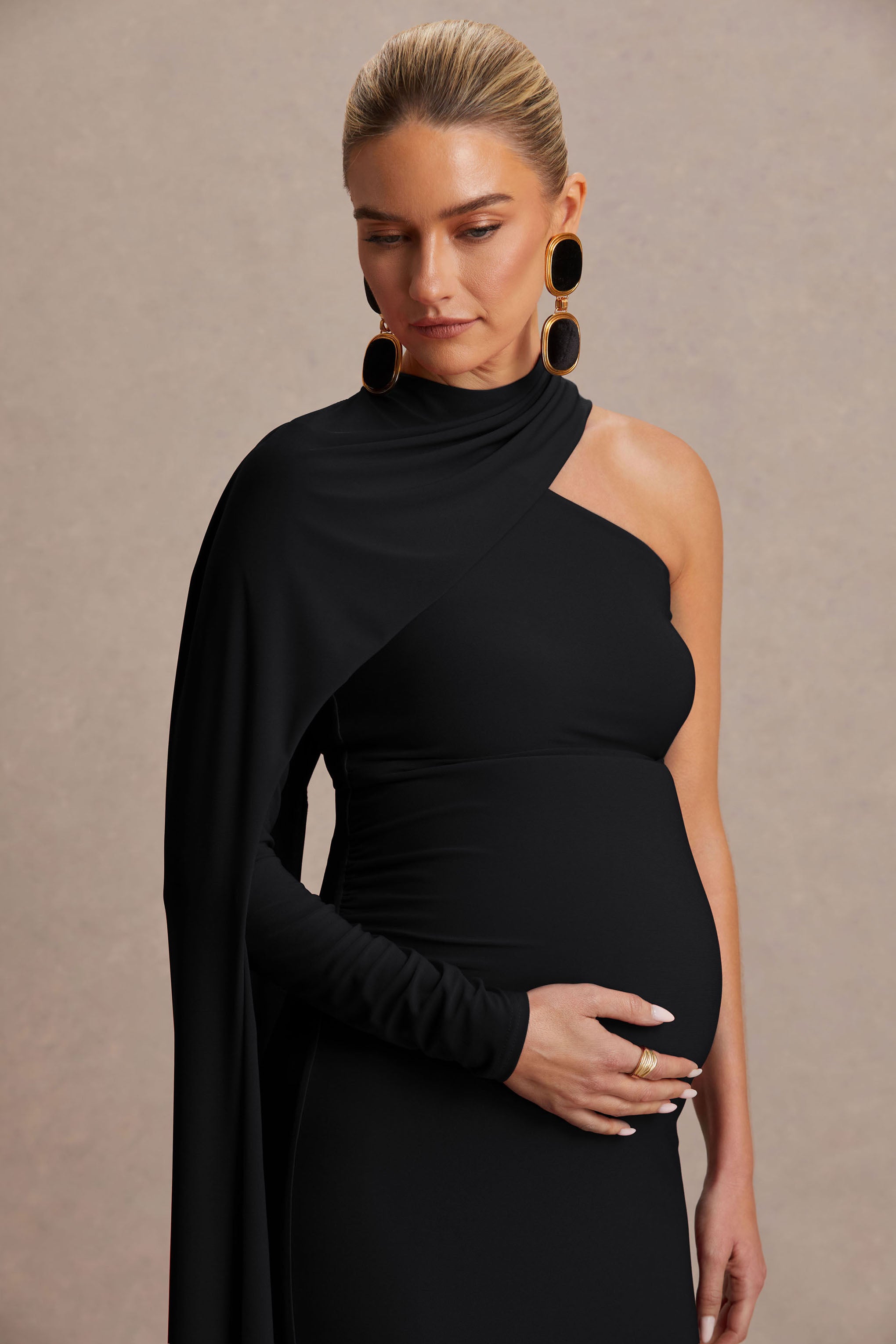 Tessy | Black Asymmetric-Neck Maternity Maxi Dress With Cape-Sleeve-Sowoom