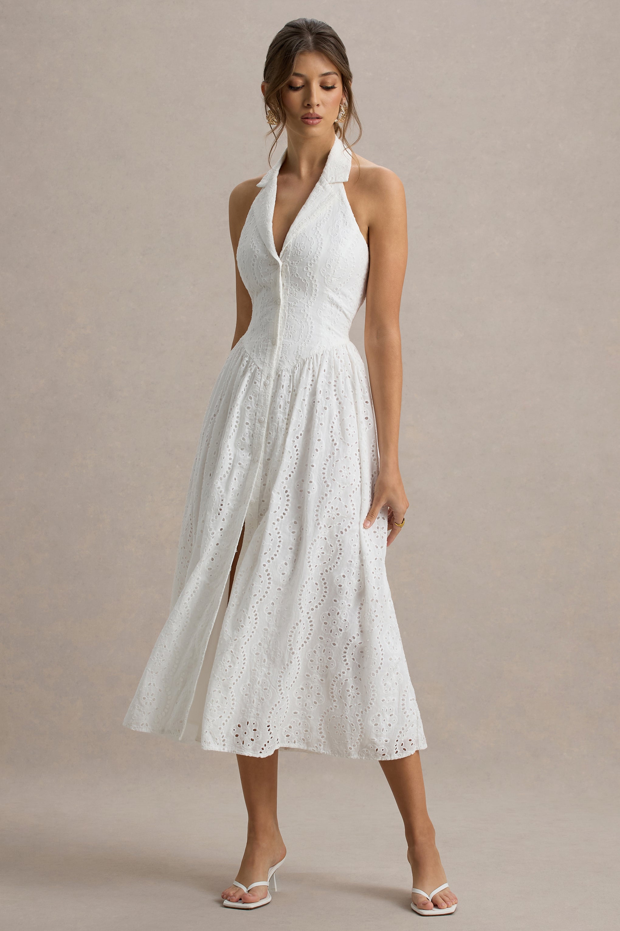 Jezebel | White Lace Plunge-Neck Collared Midi Dress-Sowoom