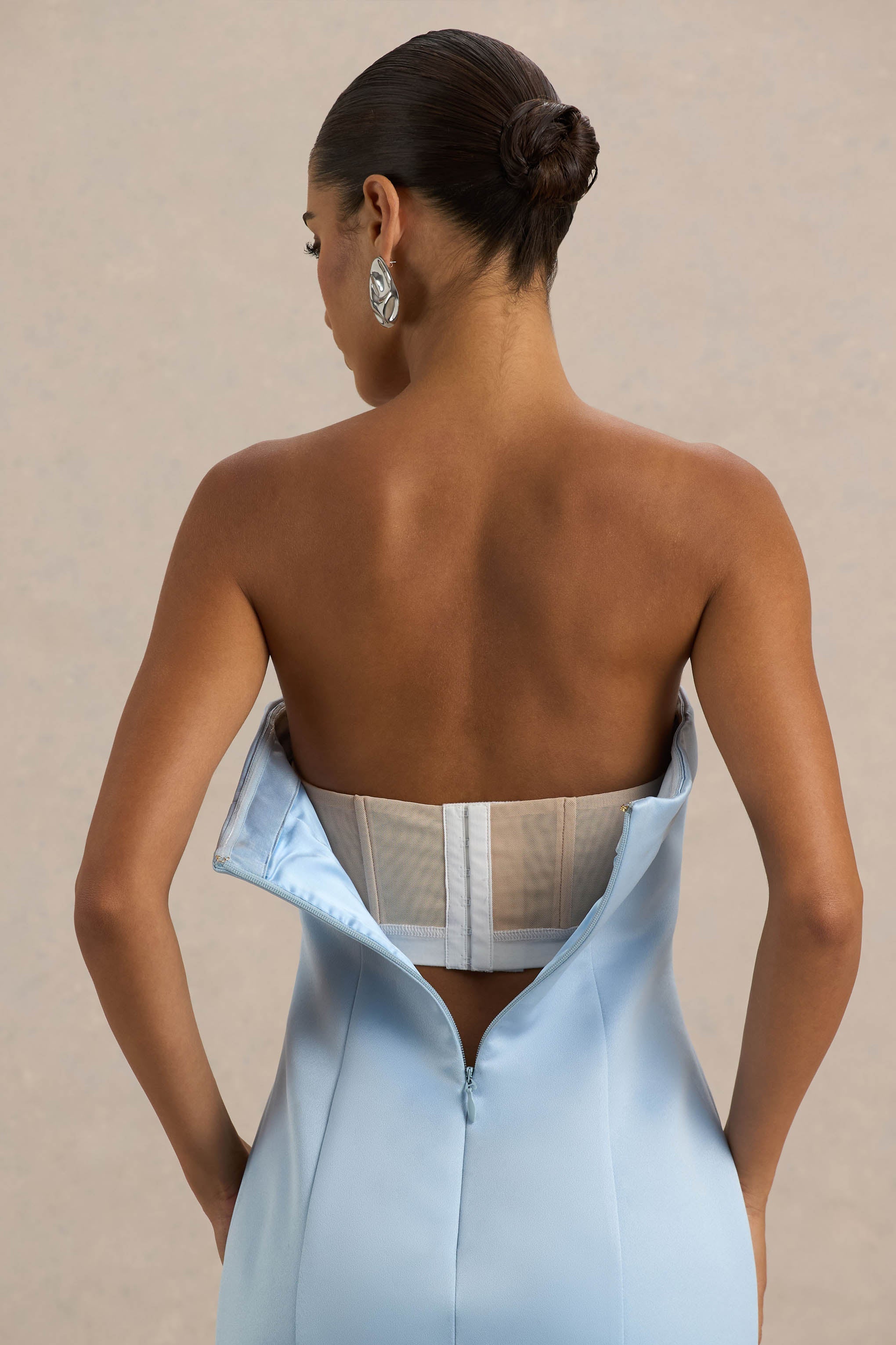 Trinity | Powder Blue Satin Bandeau Maxi Dress With Fringe-Sowoom