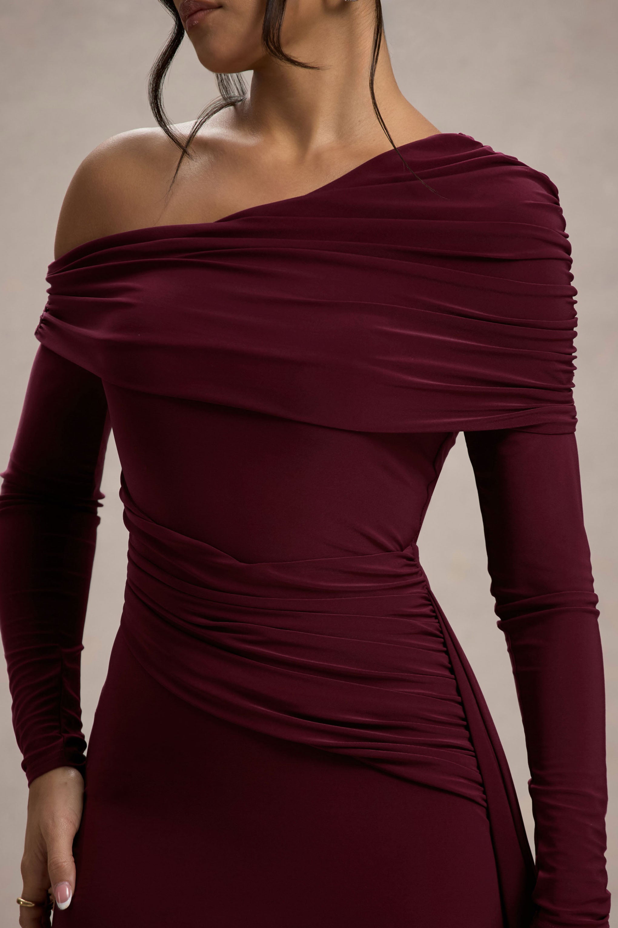 Valina | Burgundy Ruched Asymmetric Maxi Dress With Drape-Sowoom