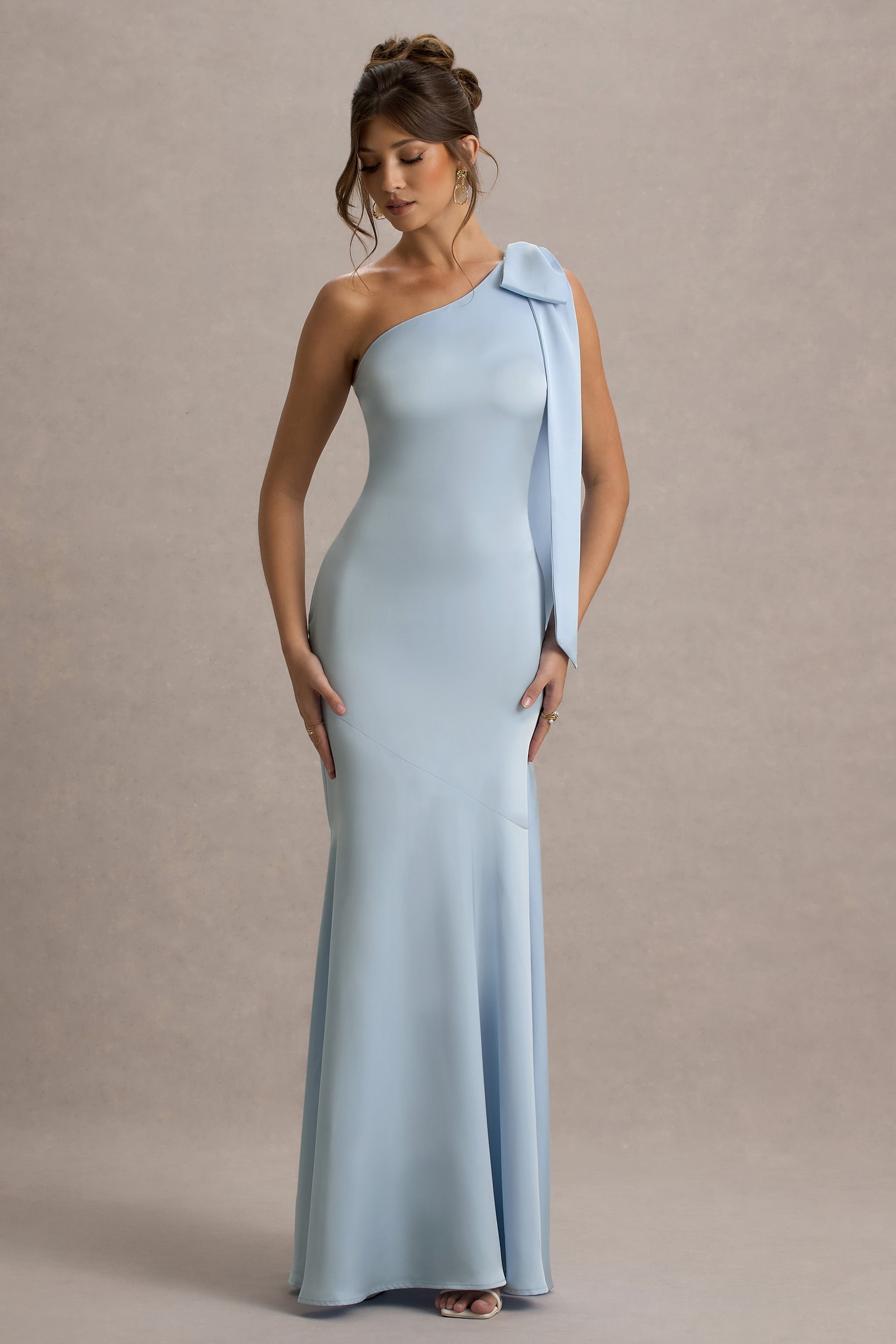 Here For Love | Powder Blue Satin Asymmetric Maxi Dress With Bow-Sowoom