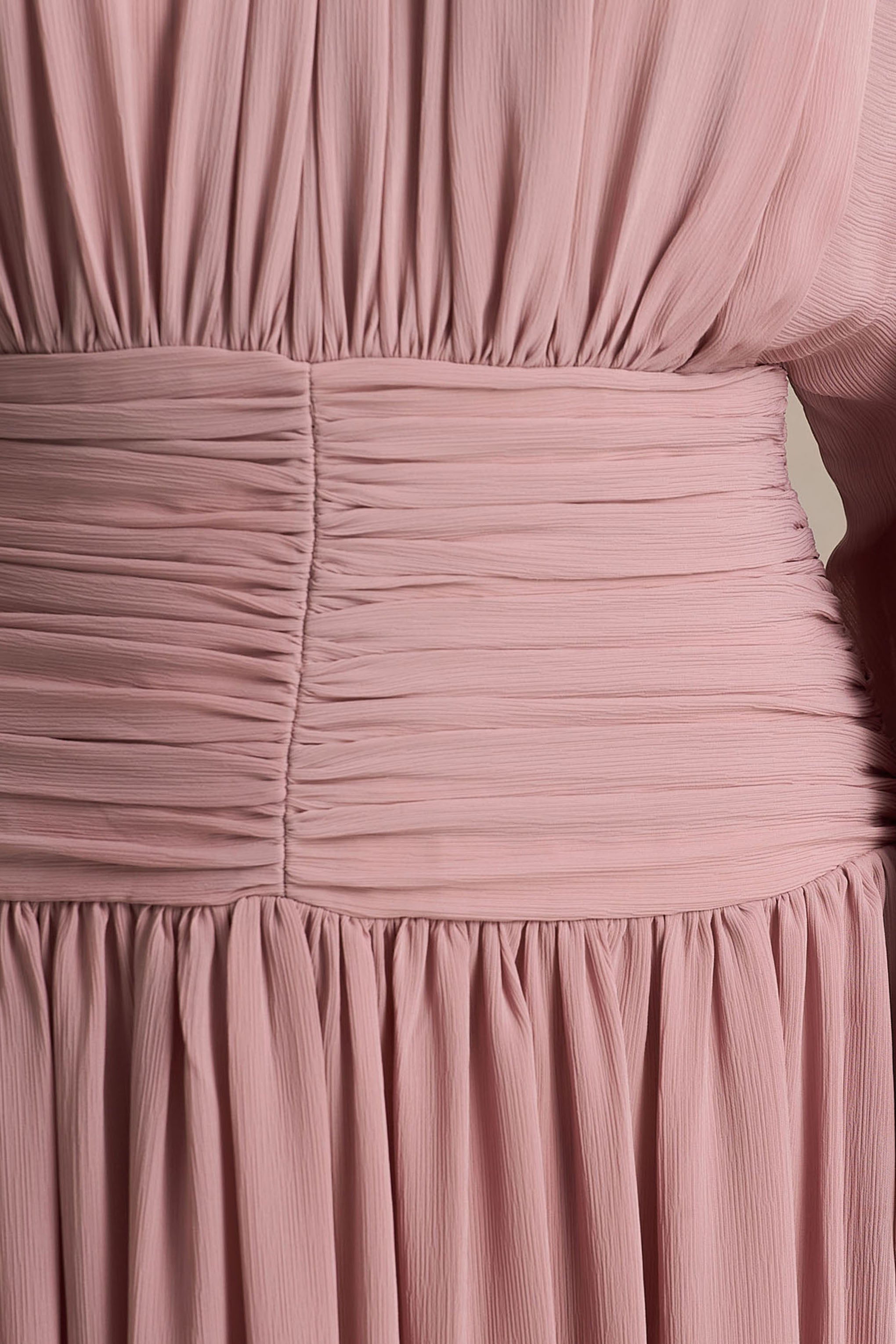 Annabel | Dusty Pink High-Neck Midi Dress With Drop-Waist And Pleated Detailing-Sowoom