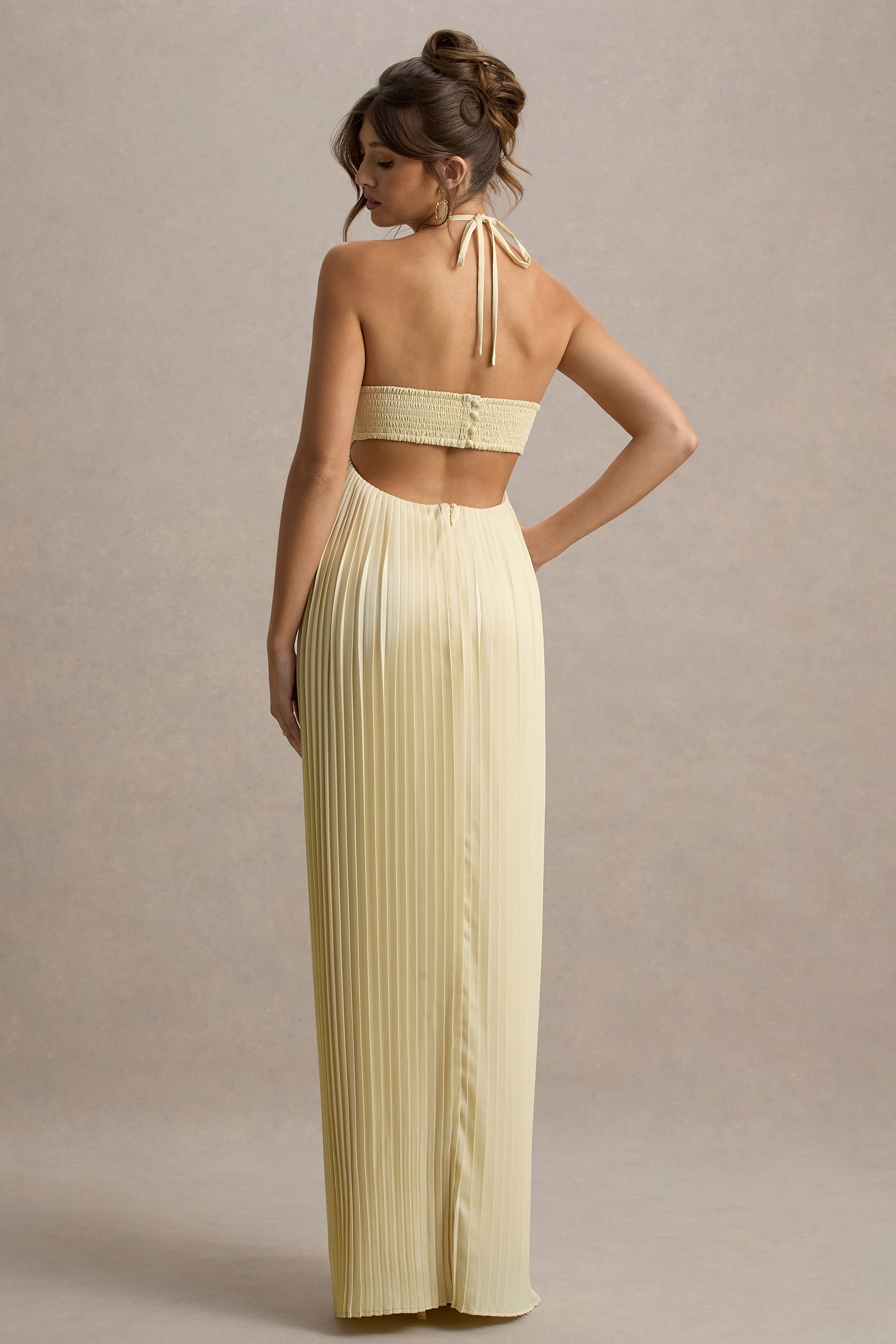 Elayne | Pale Lemon Halter-Neck Maxi Dress With Cut-Out Detail-Sowoom