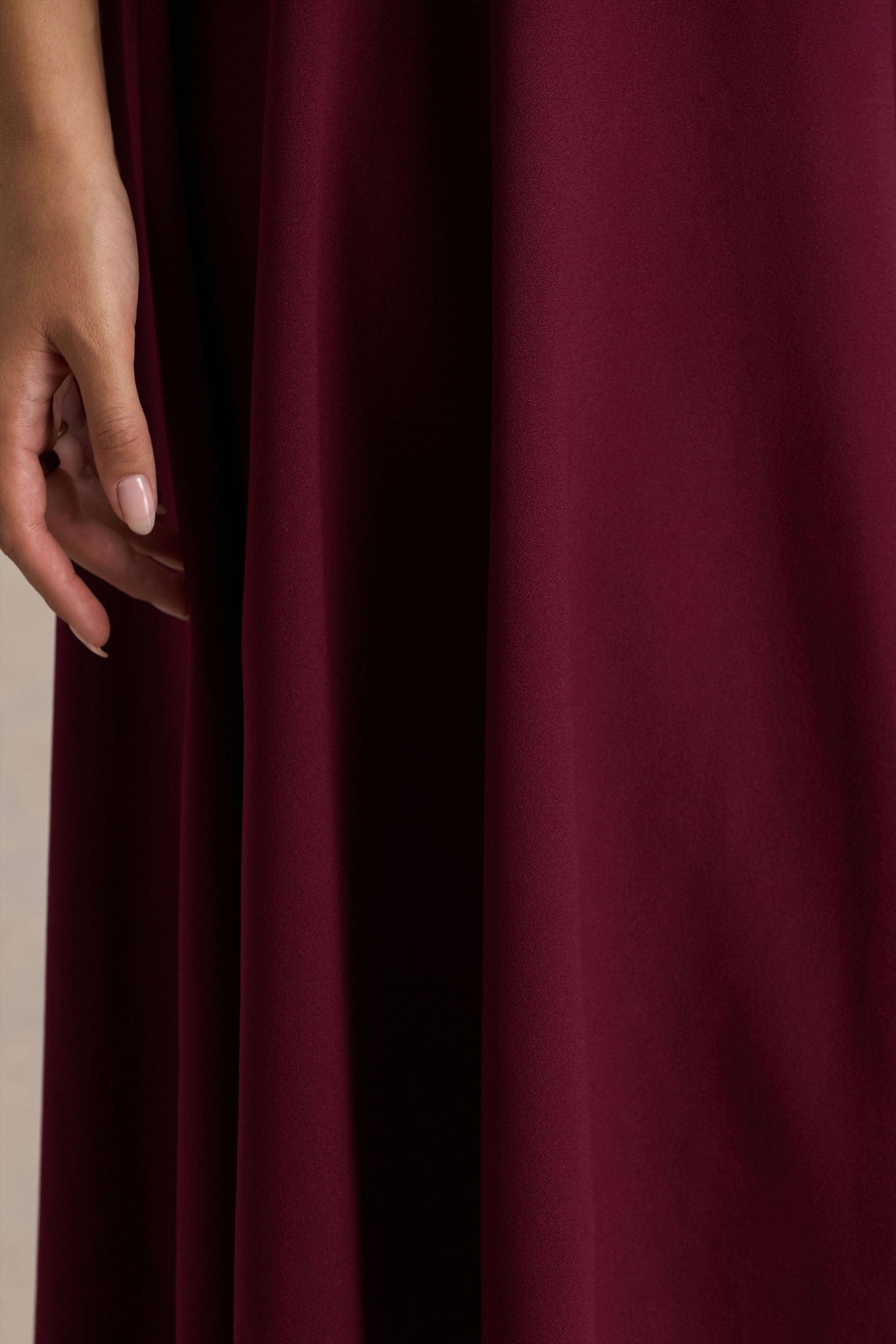 Bellona | Burgundy High-Neck High-Low Midi Dress-Sowoom