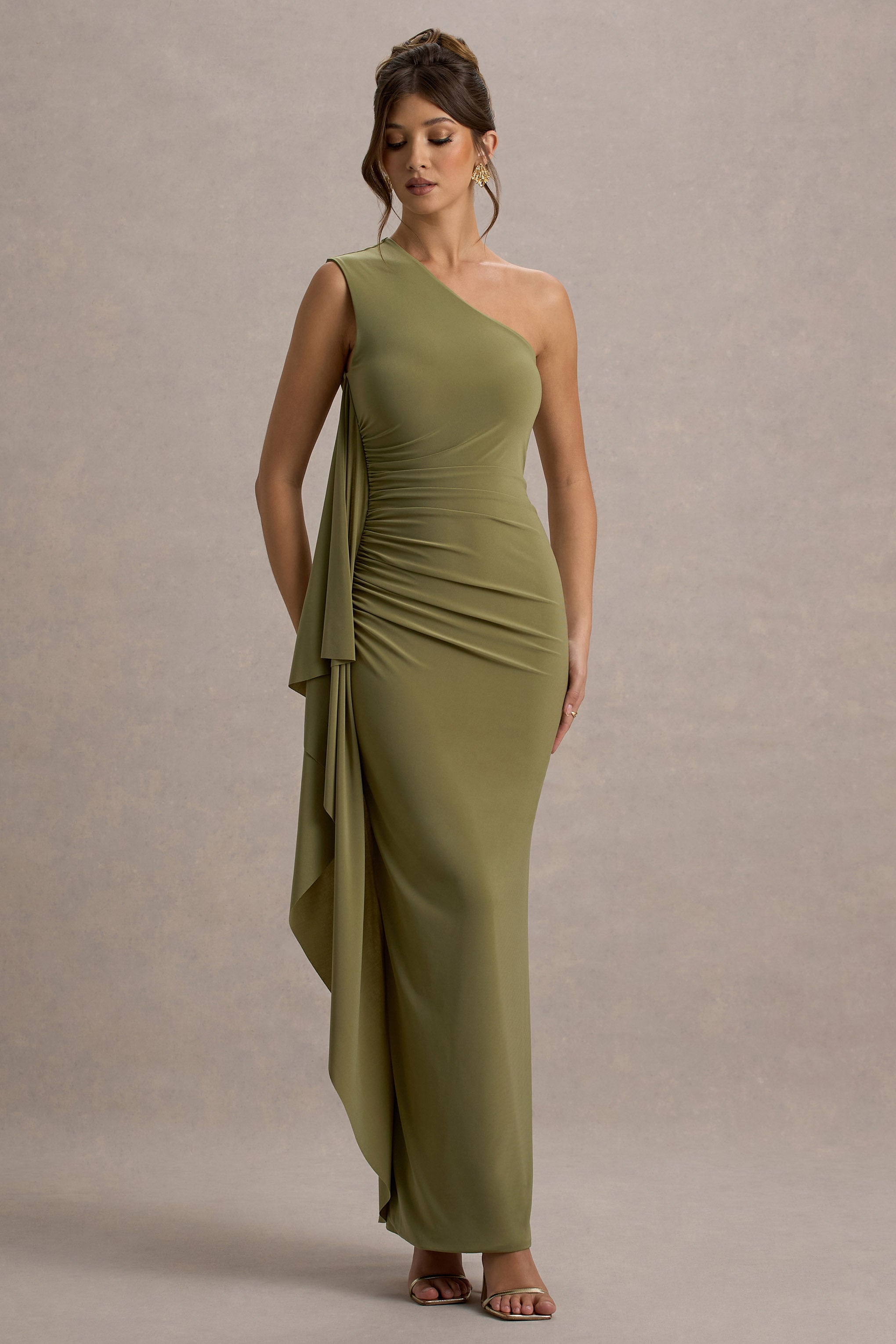 Adelina | Olive One-Shoulder Maxi Dress With Drape-Sowoom