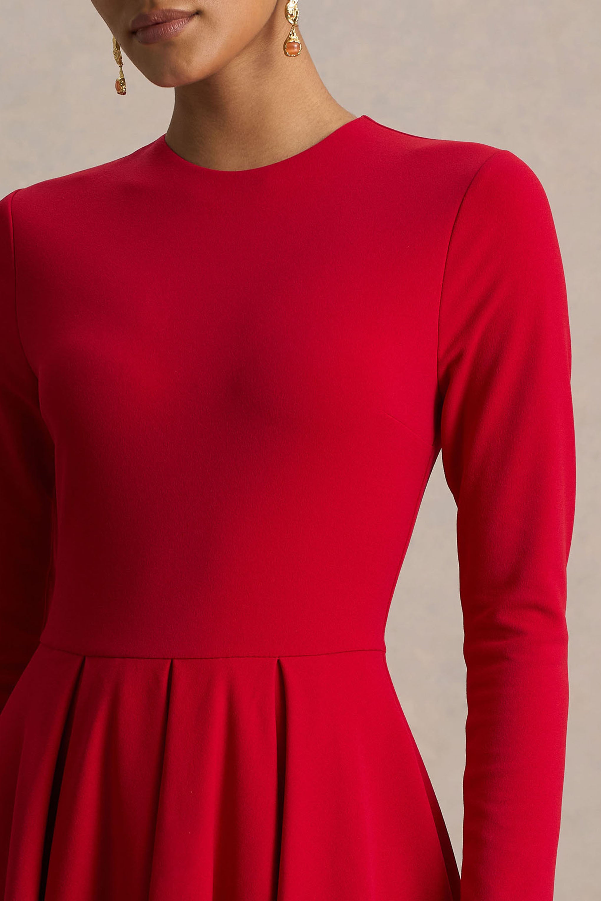 Bellamy | Red Crew-Neck Long-Sleeve Midi Dress-Sowoom