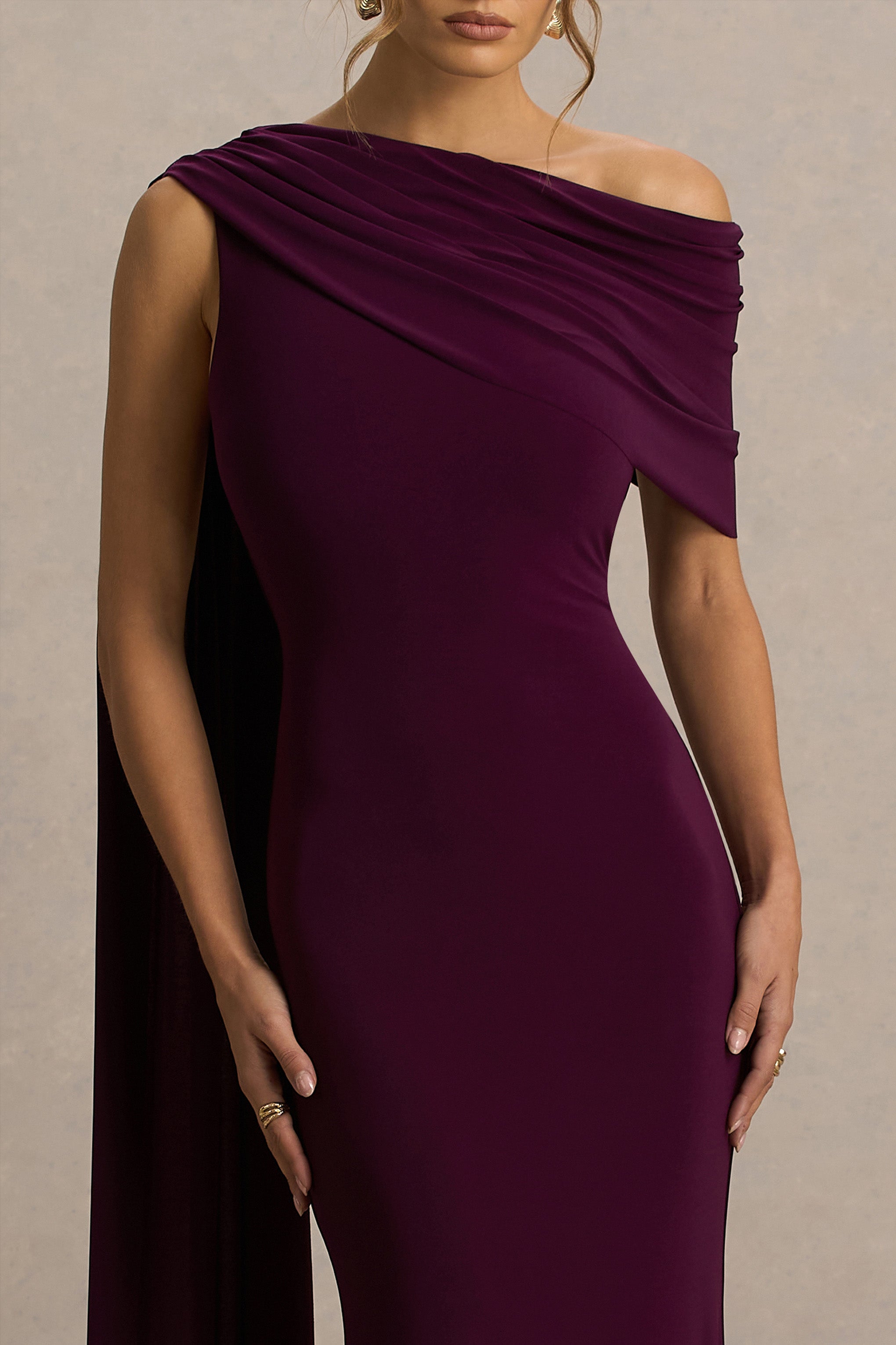 Tiana | Dark Plum Asymmetric-Neck Maxi Dress With Draped Detail-Sowoom