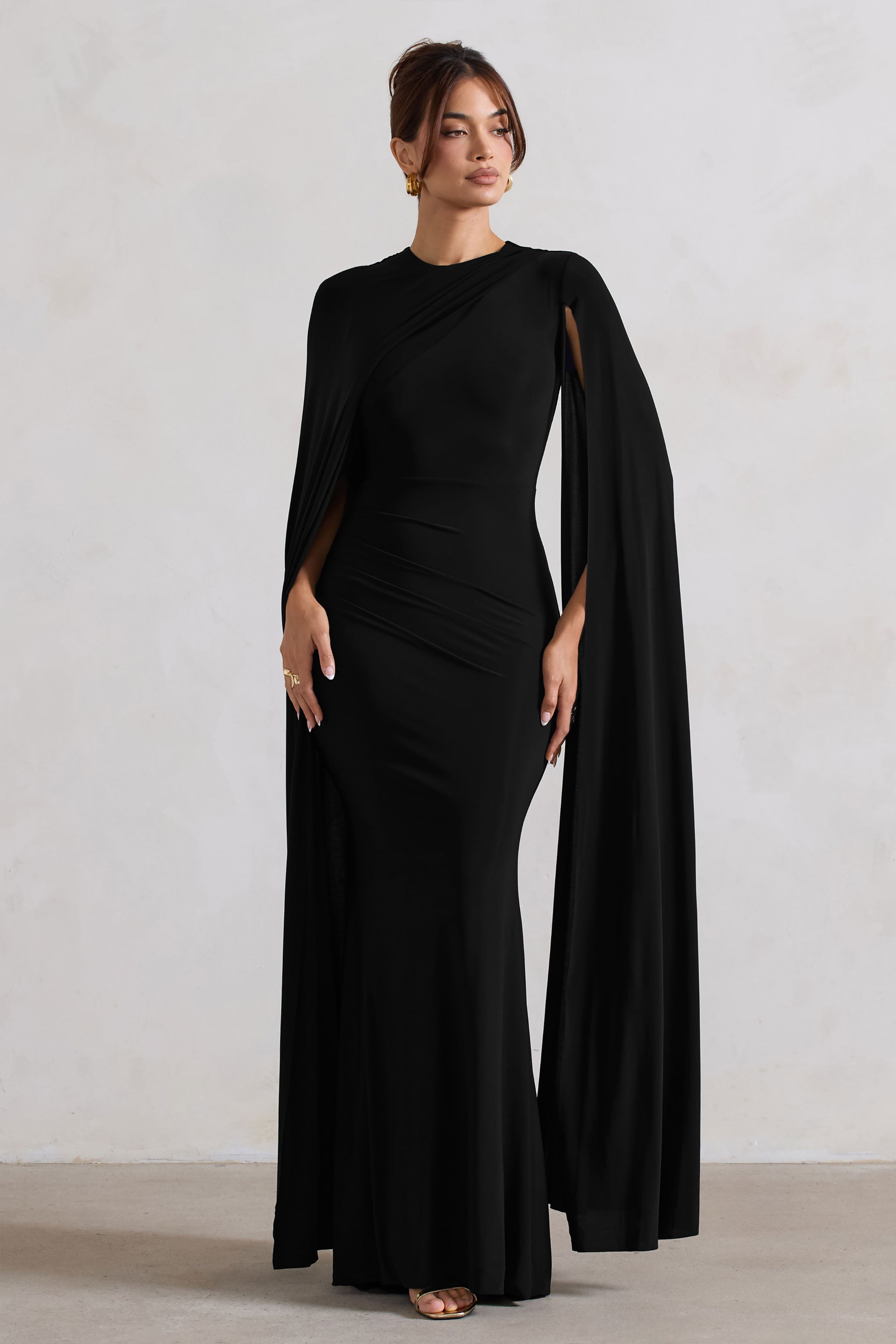 Magdelena | Black Asymmetric Cape Maxi Dress-Sowoom