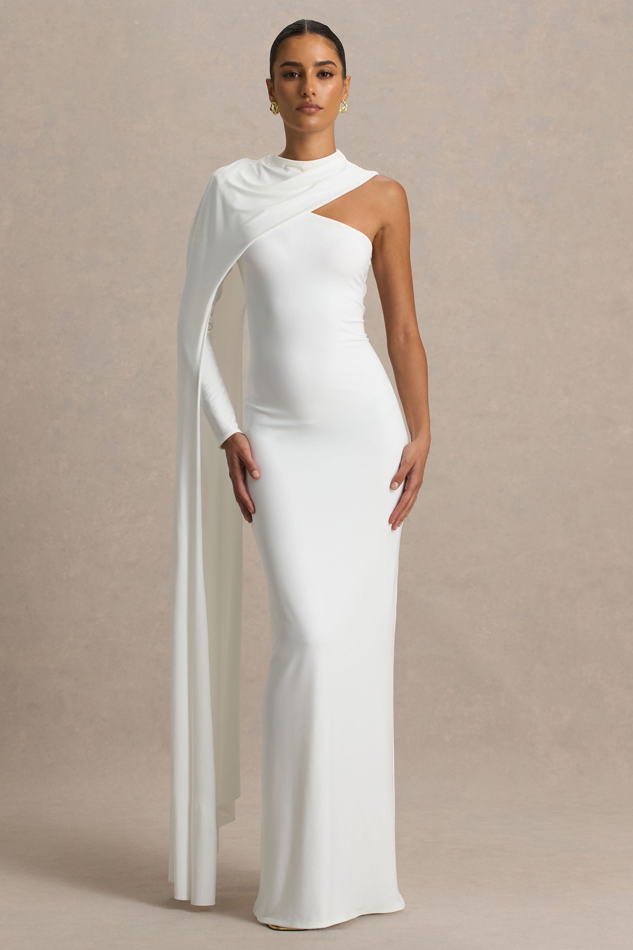 Dawn | Cream High-Neck Maxi Dress With One Long Cape-Sleeve-Sowoom