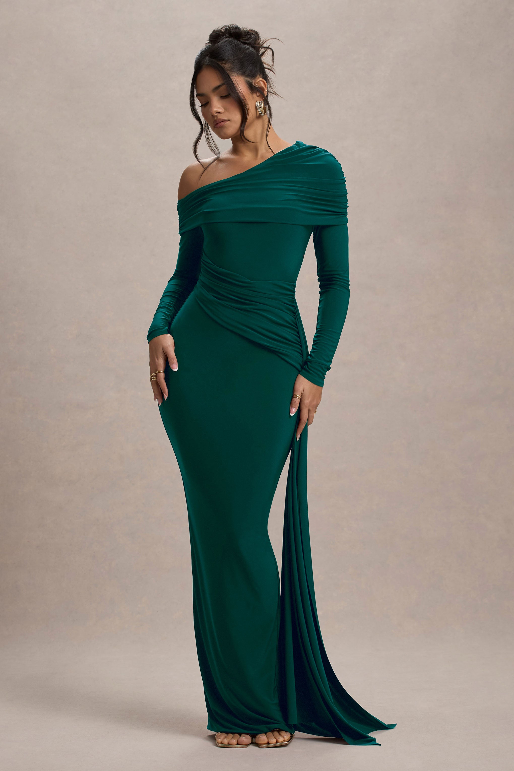Valina | Green Ruched Asymmetric Maxi Dress With Drape-Sowoom