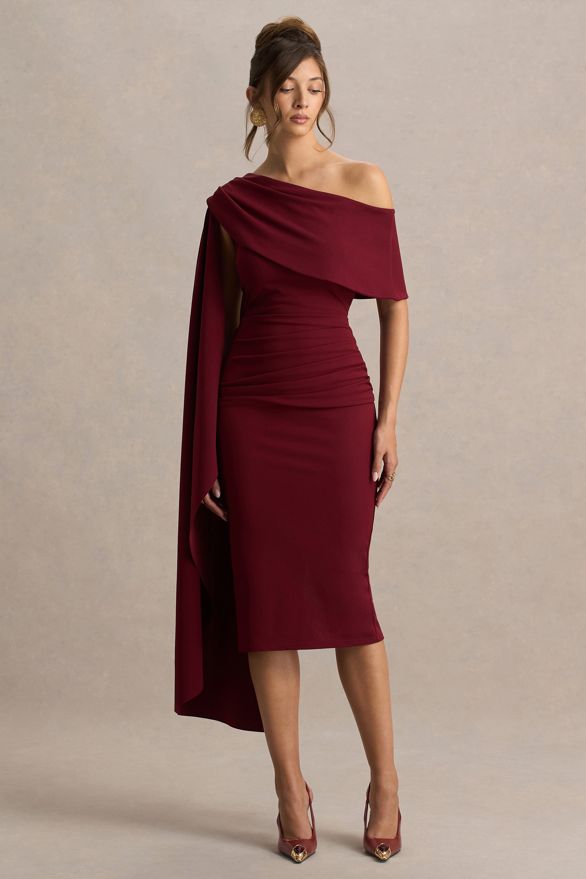 Leah | Burgundy Asymmetric-Neck Midi Dress With Cape-Sleeve-Sowoom