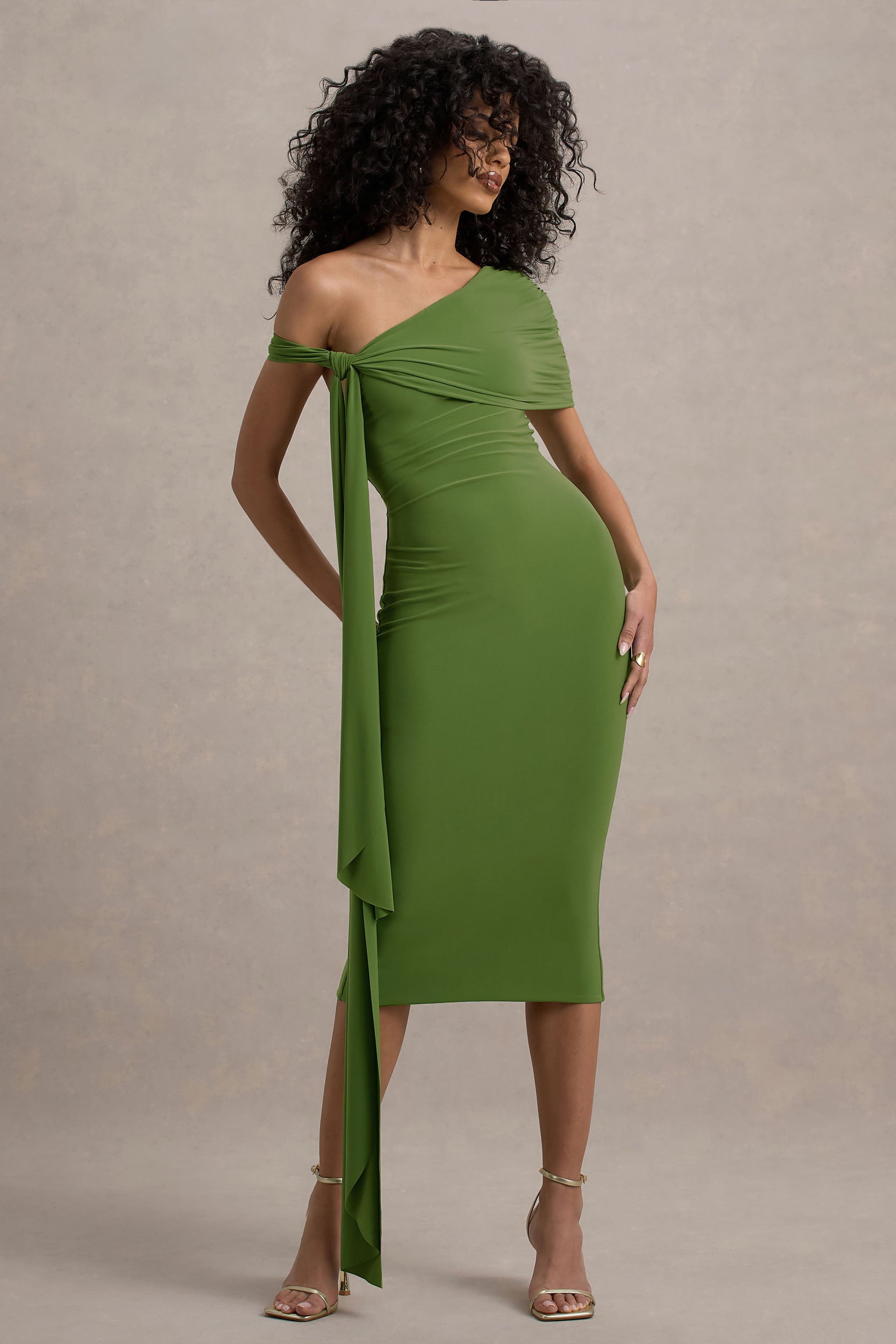 Vallea | Green One-Shoulder Draped Midi Dress-Sowoom