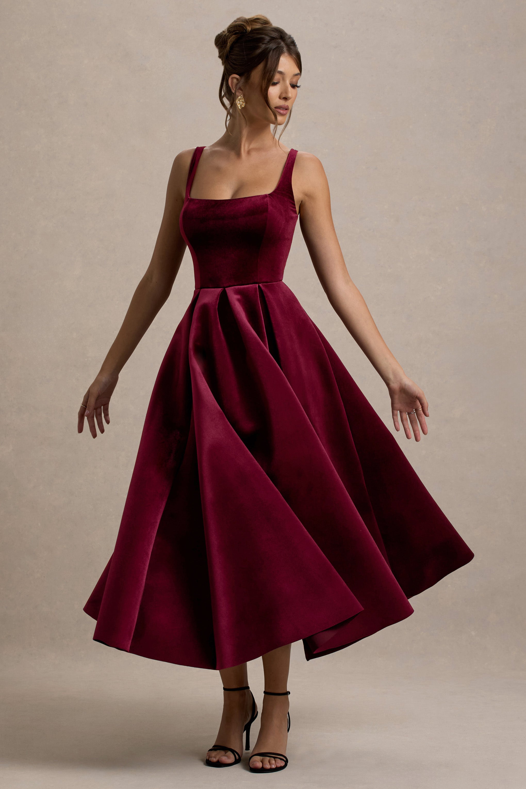 Francisca | Berry Velvet Strappy Volume-Hem Midi Dress-Sowoom