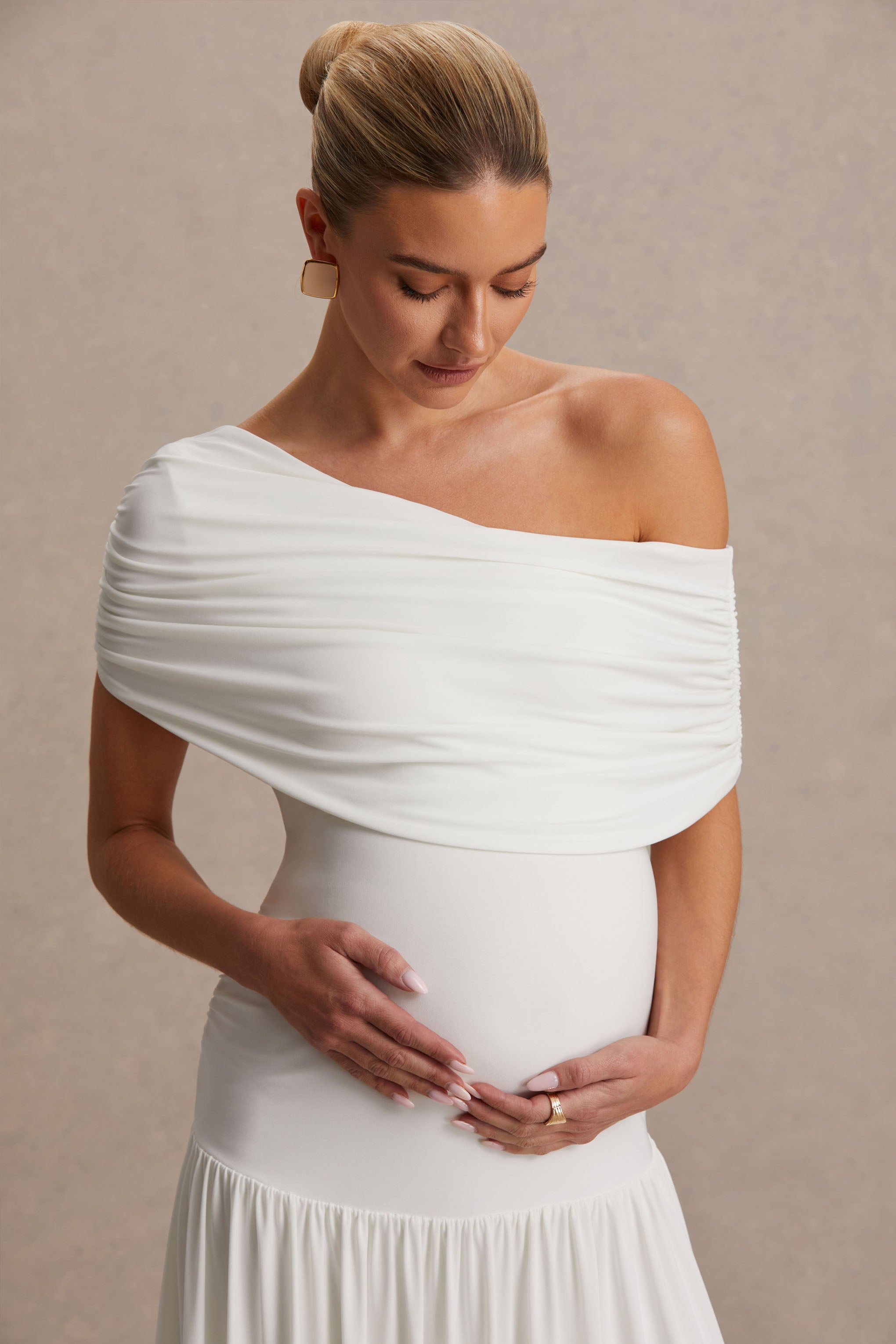 Noah | White Asymmetric-Neck Maternity Maxi Dress With Drop-Waist-Sowoom