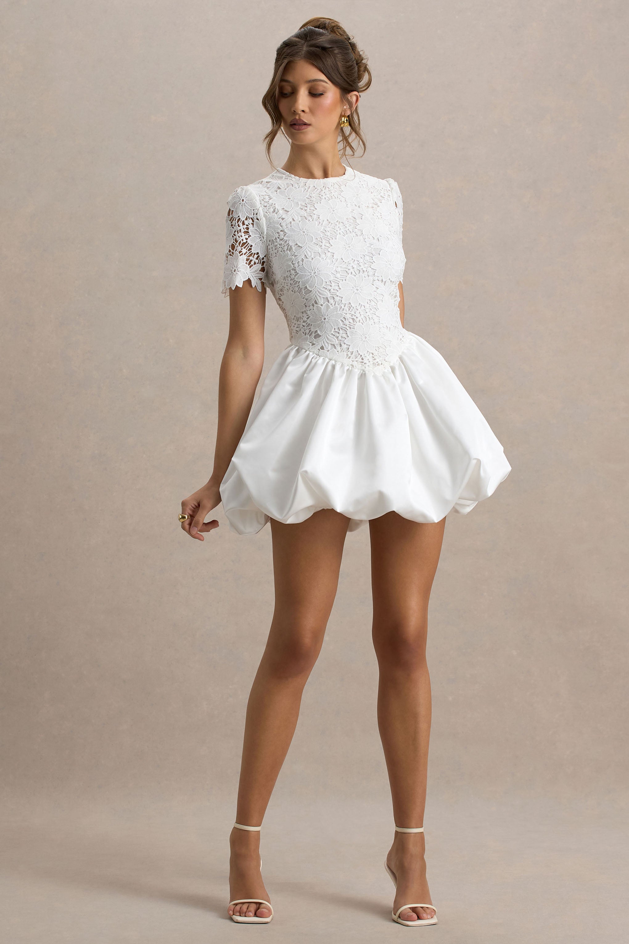 Taffy | White Lace Mini Dress With Satin Puffball Skirt-Sowoom