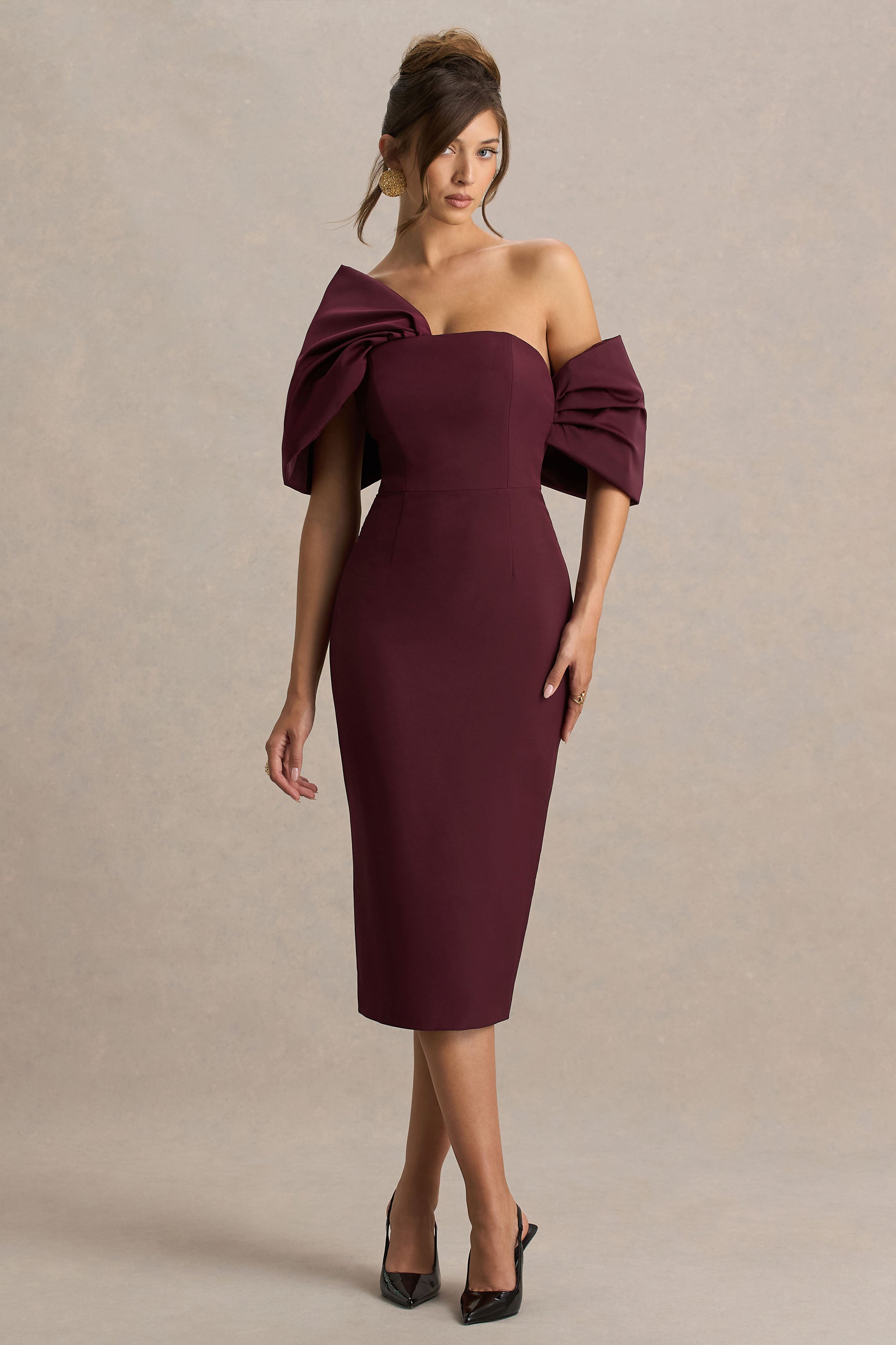 Lucille | Burgundy Asymmetric Bardot Midi Dress With Bow Detail-Sowoom