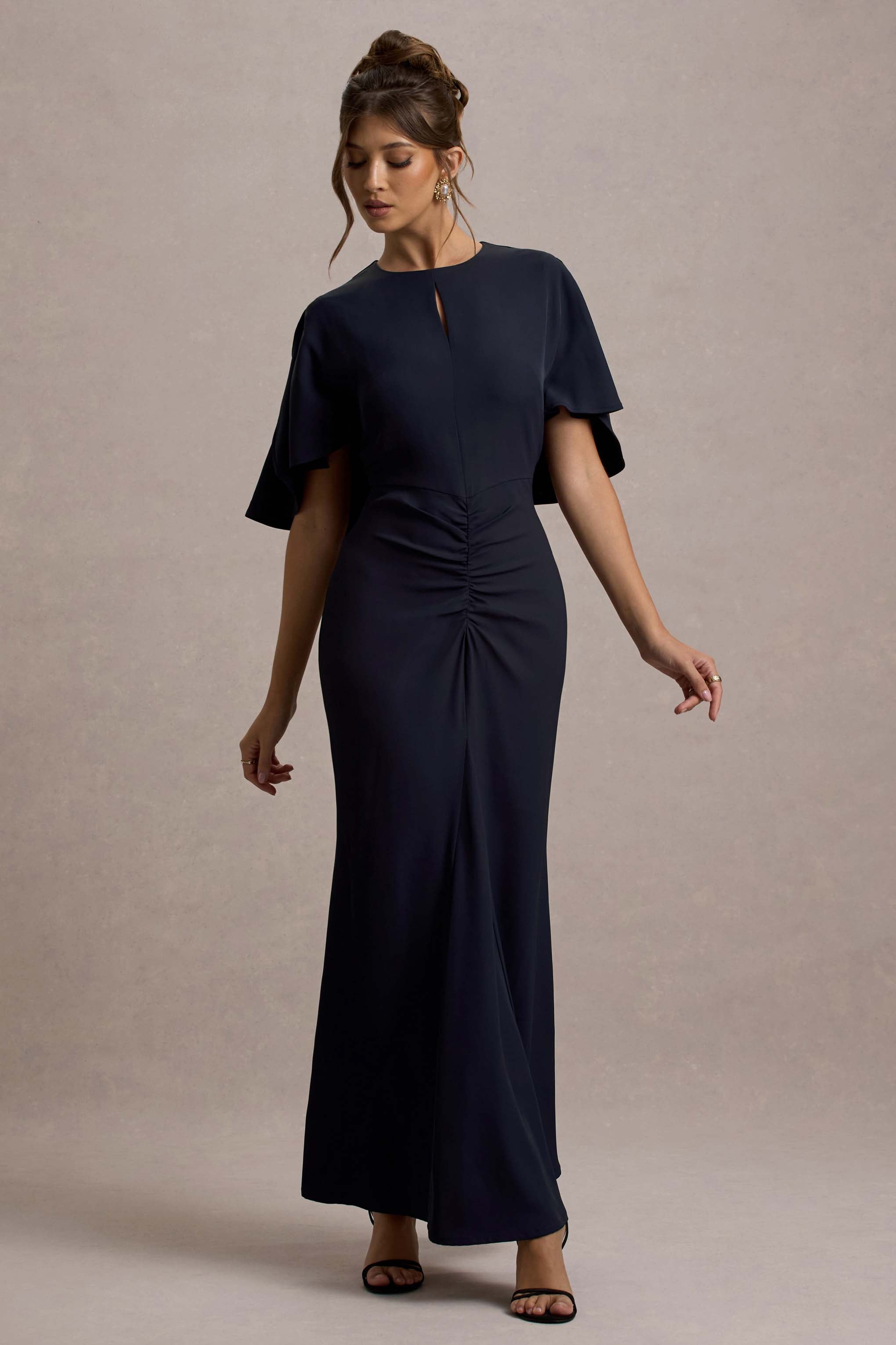 Allison | Navy High-Neck Maxi Dress With Cape-Sowoom