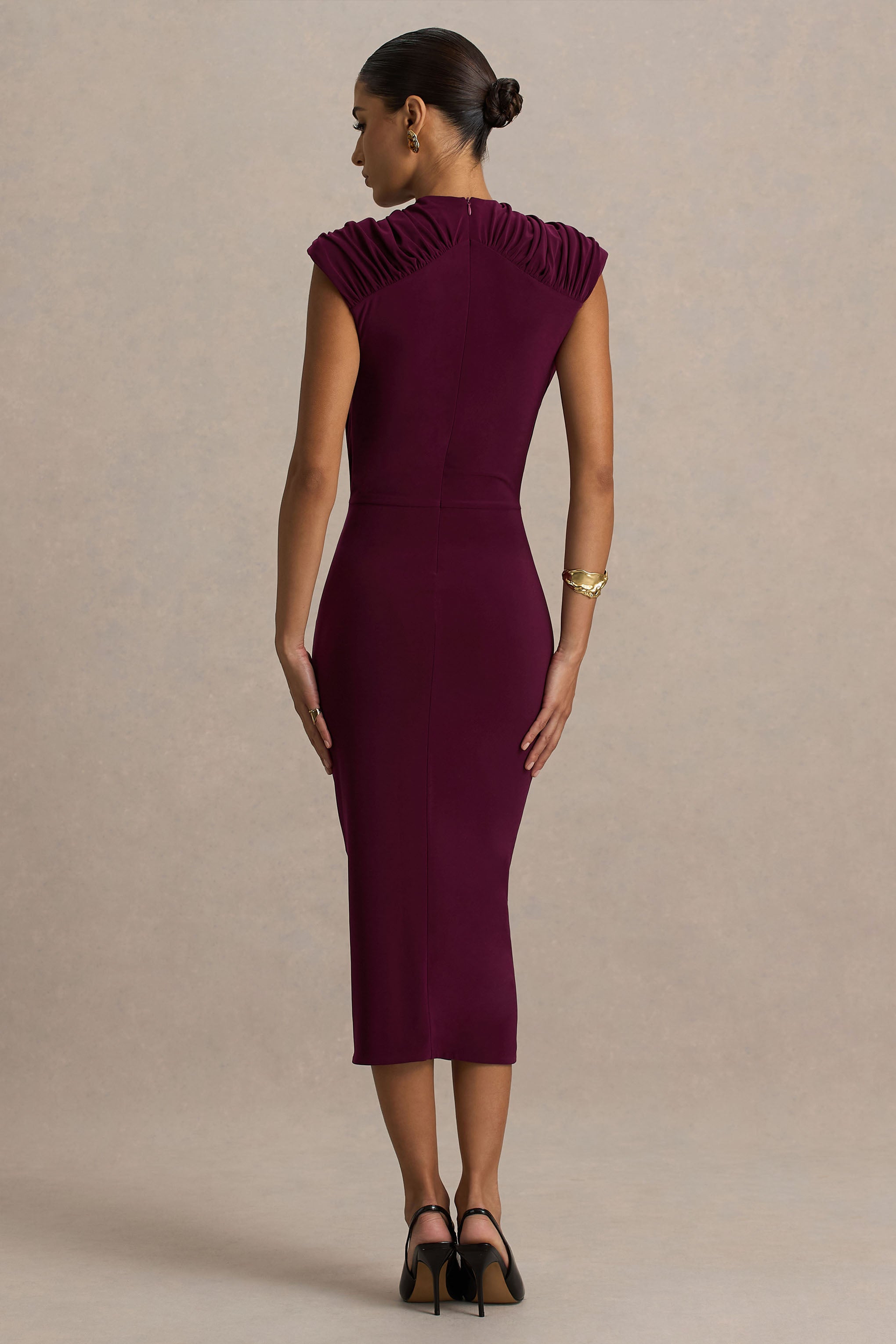 Hermia | Burgundy High-Neck Midi Dress-Sowoom