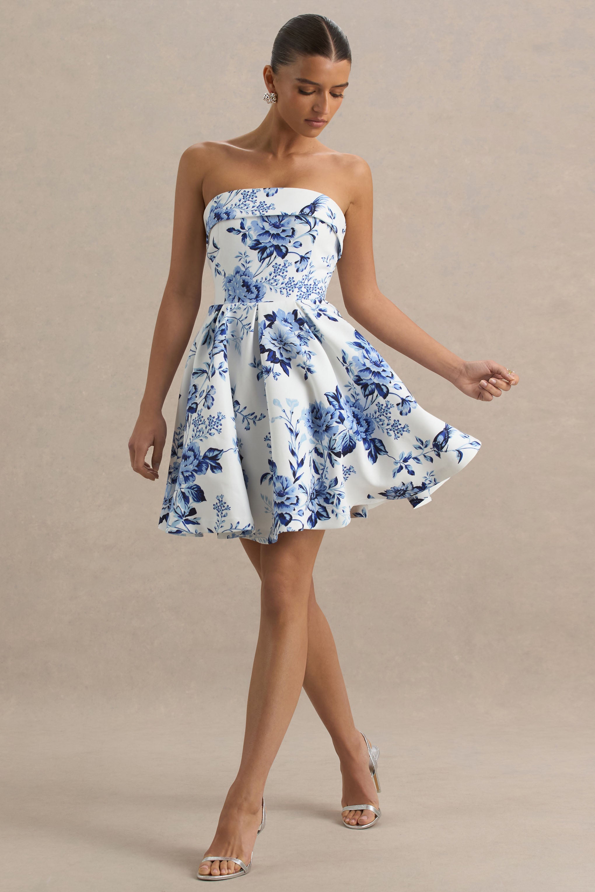 Fiorenza | Blue Porcelain Print Bandeau Mini Dress With Volume Skirt-Sowoom