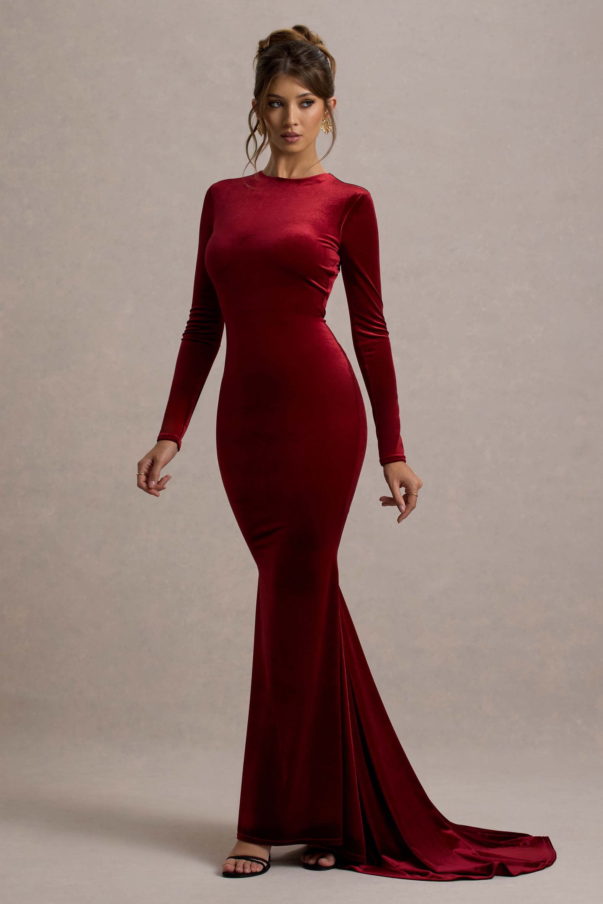 Keaton | Berry Velvet Long-Sleeve Open-Back Maxi Dress-Sowoom