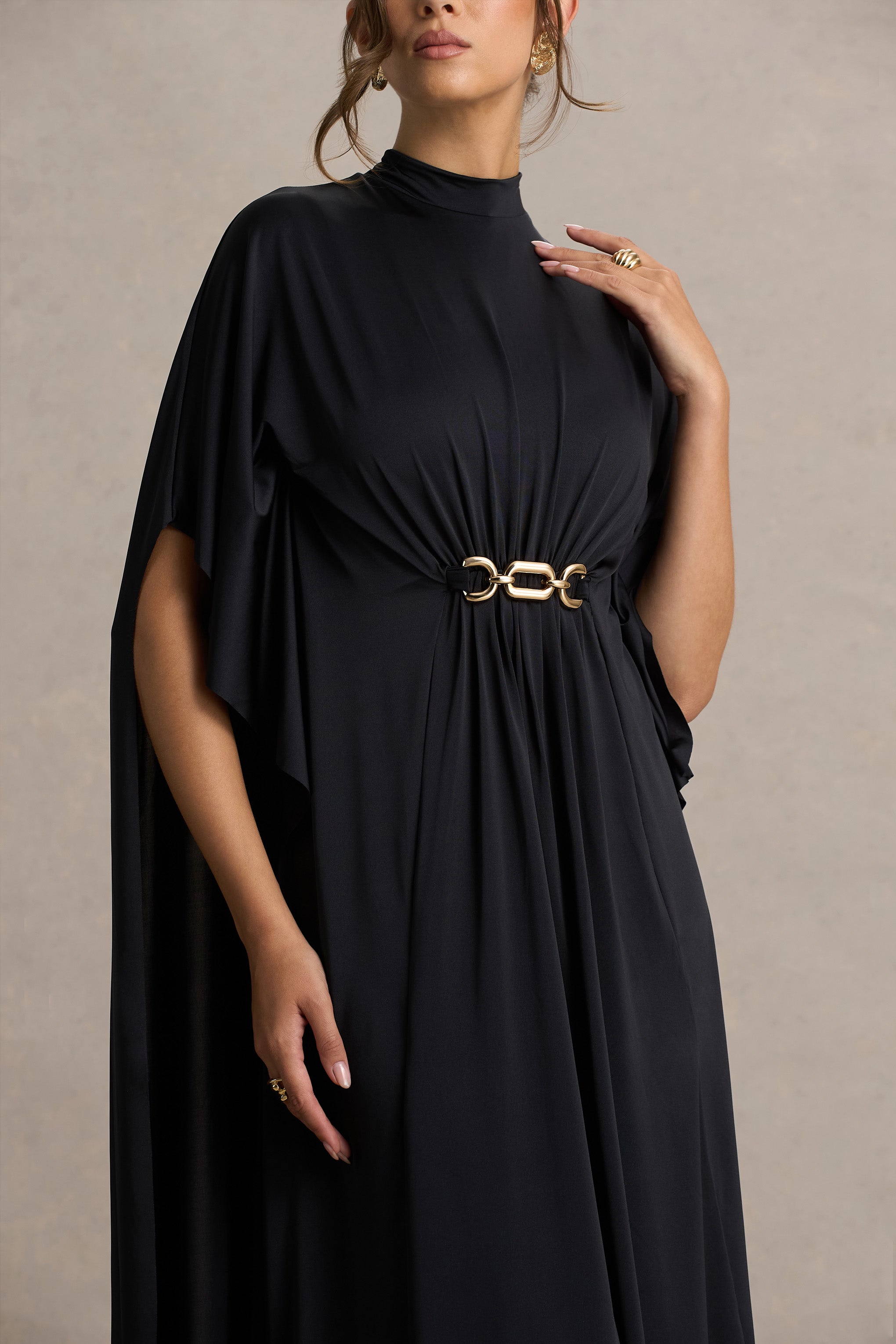 Olessia | Black Belted Gathered Cape-Sleeve Maxi Dress-Sowoom