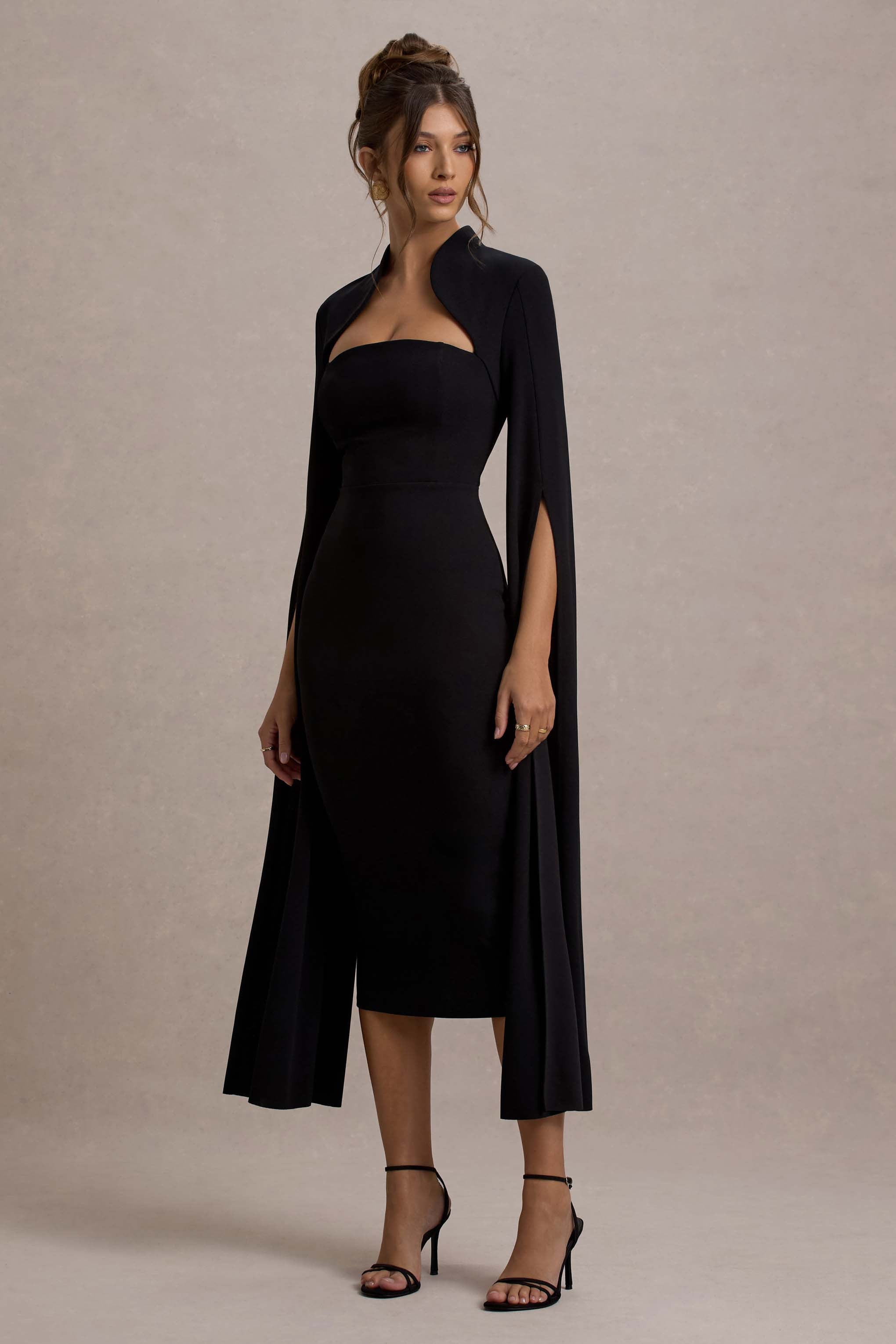 Linden | Black Bodycon Cape-Sleeve Midi Dress-Sowoom