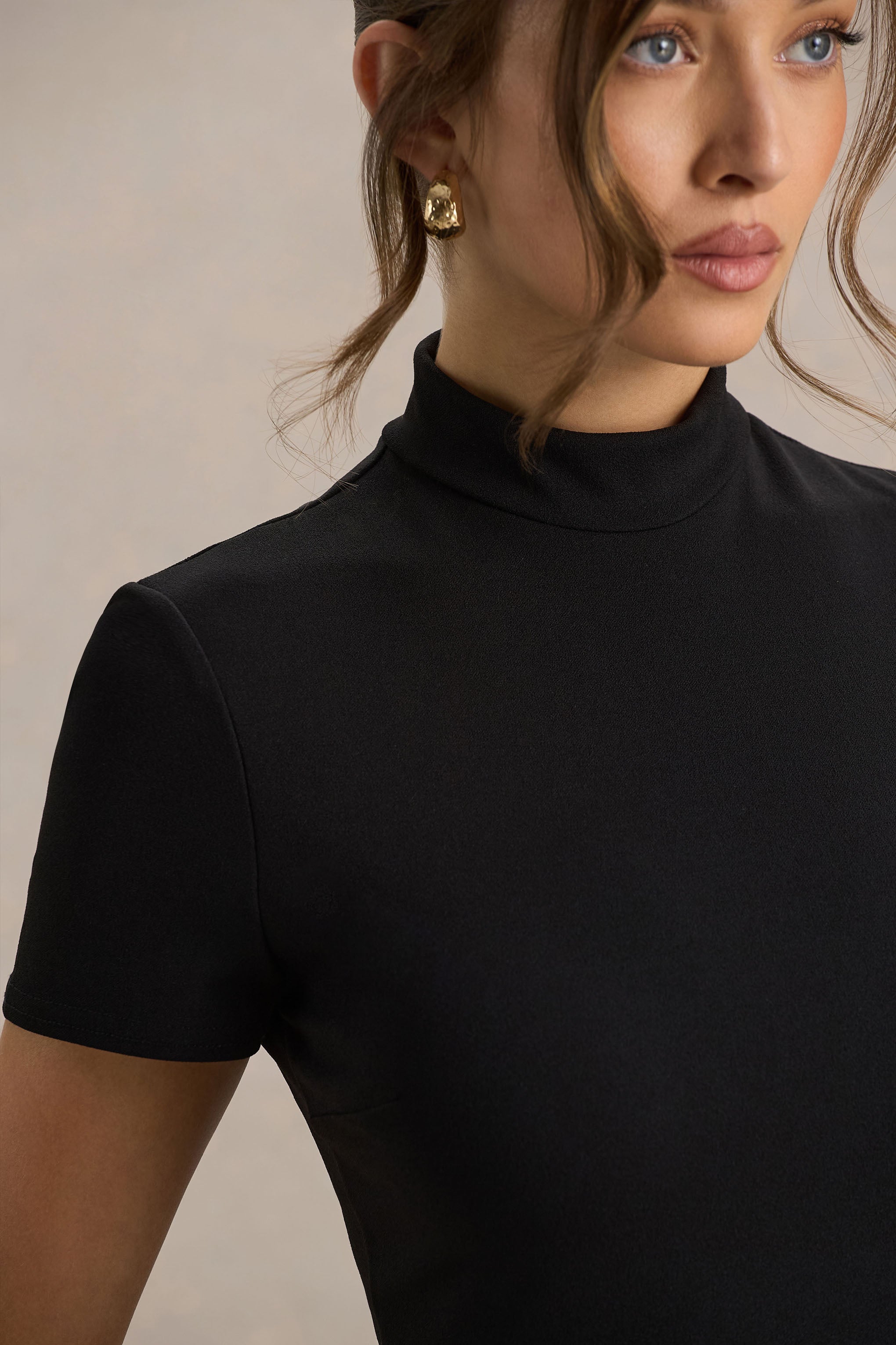 Bellona | Black High-Neck High-Low Midi Dress-Sowoom