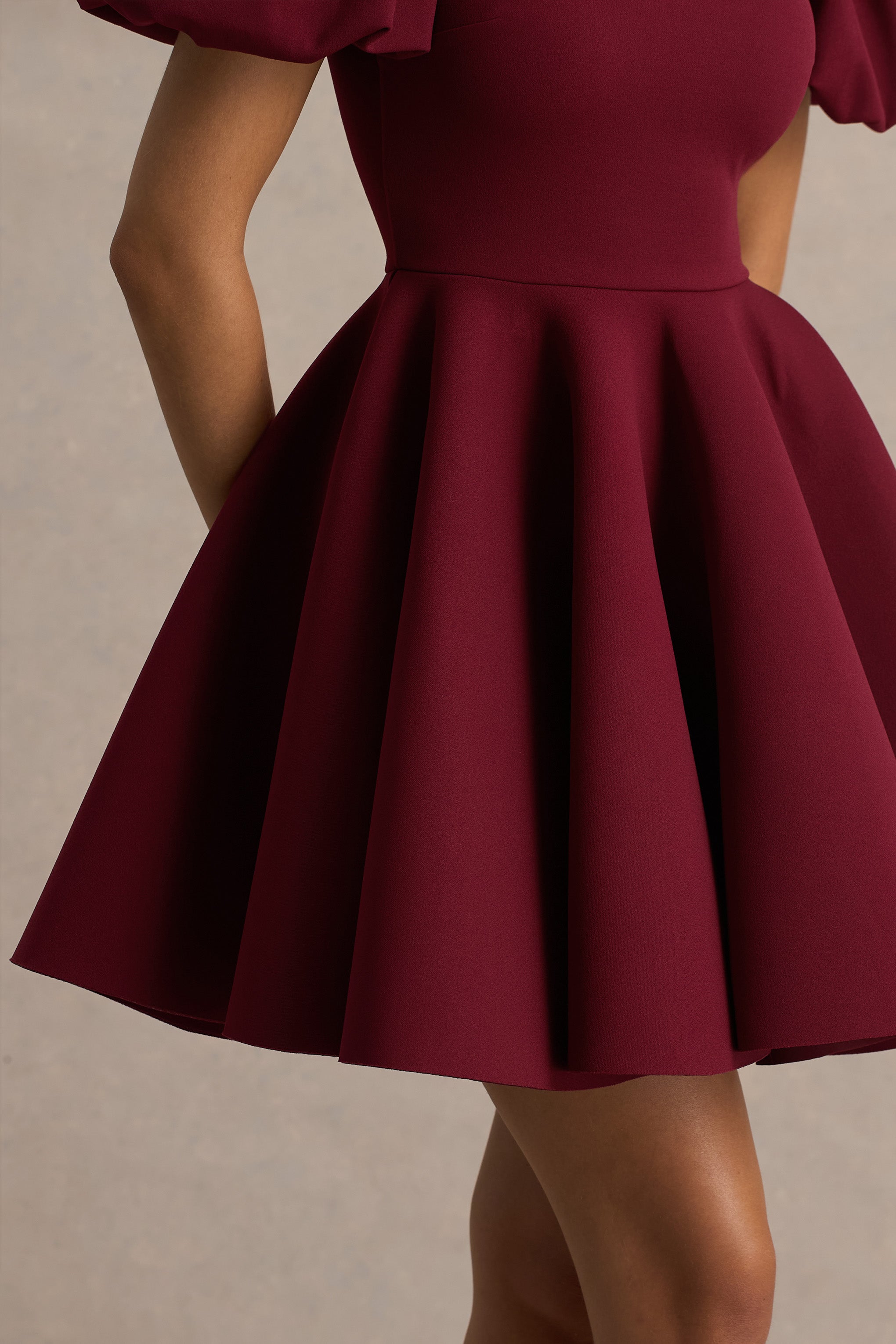 Emelia | Burgundy Puff-Sleeve Skater Mini Dress-Sowoom