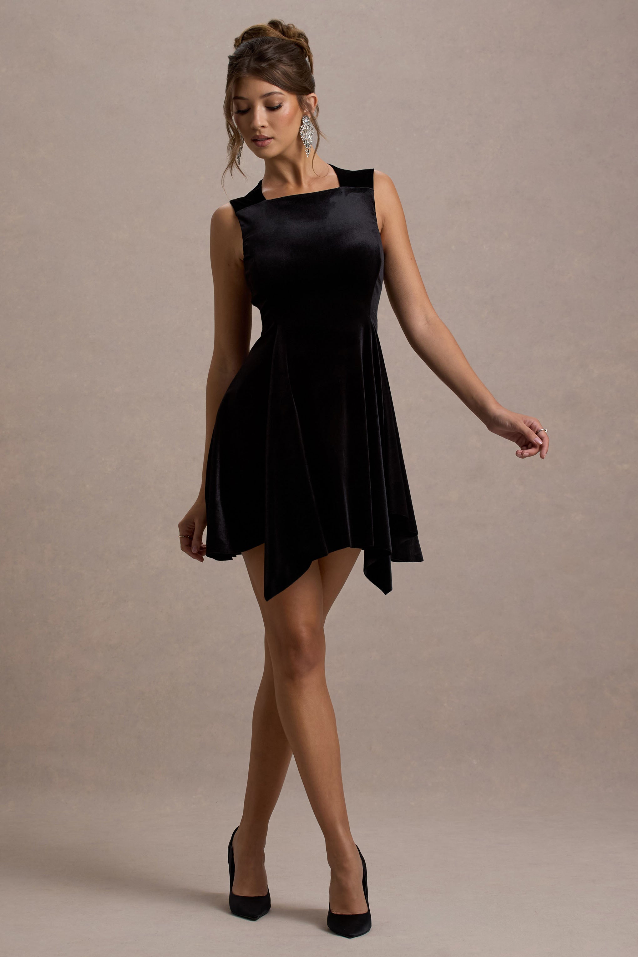 Baker | Black Velvet Draped-Hem Mini Dress-Sowoom