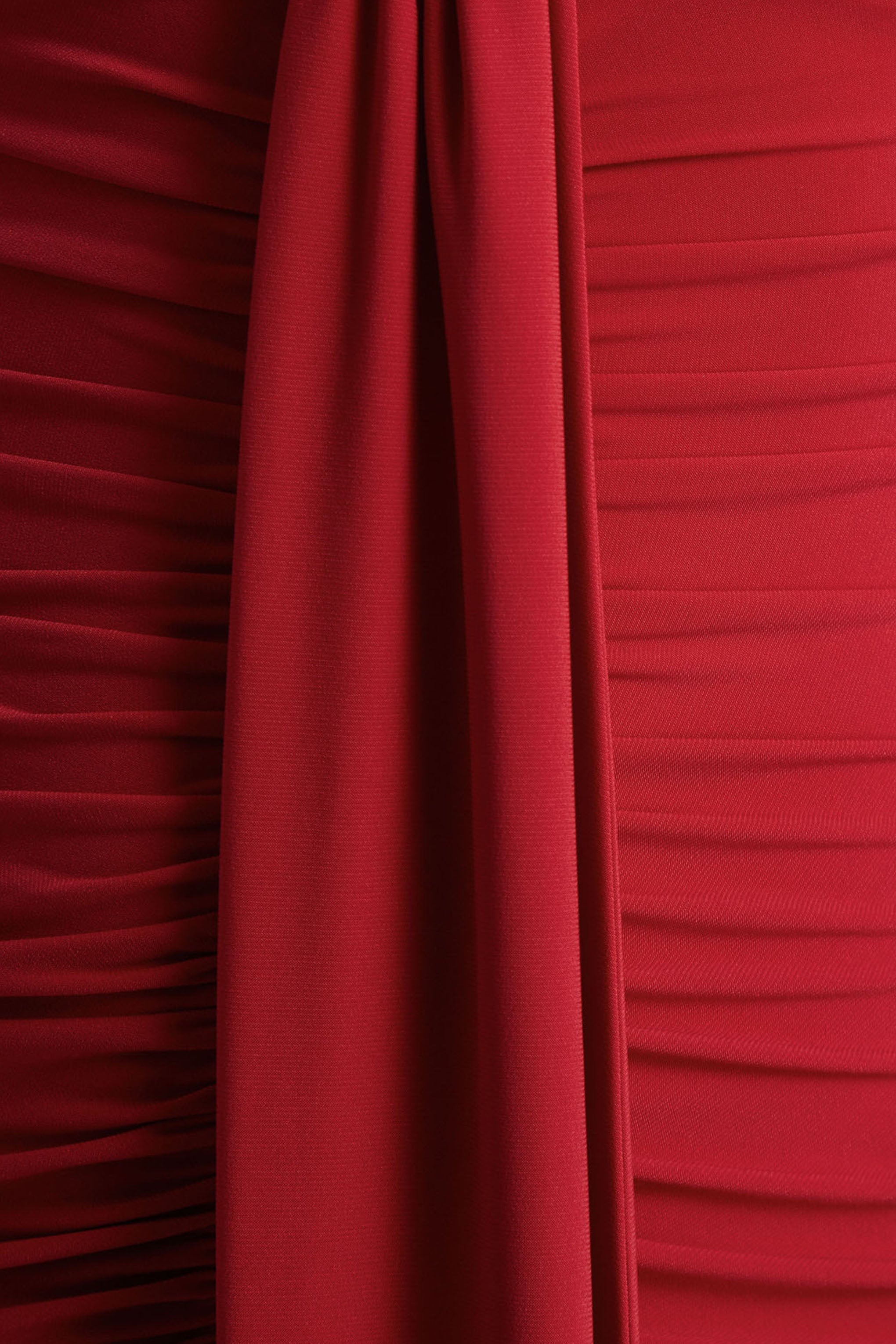 Ivara | Red Plunge-Neck Maxi Dress With Ruched Detailing And Sash-Sowoom