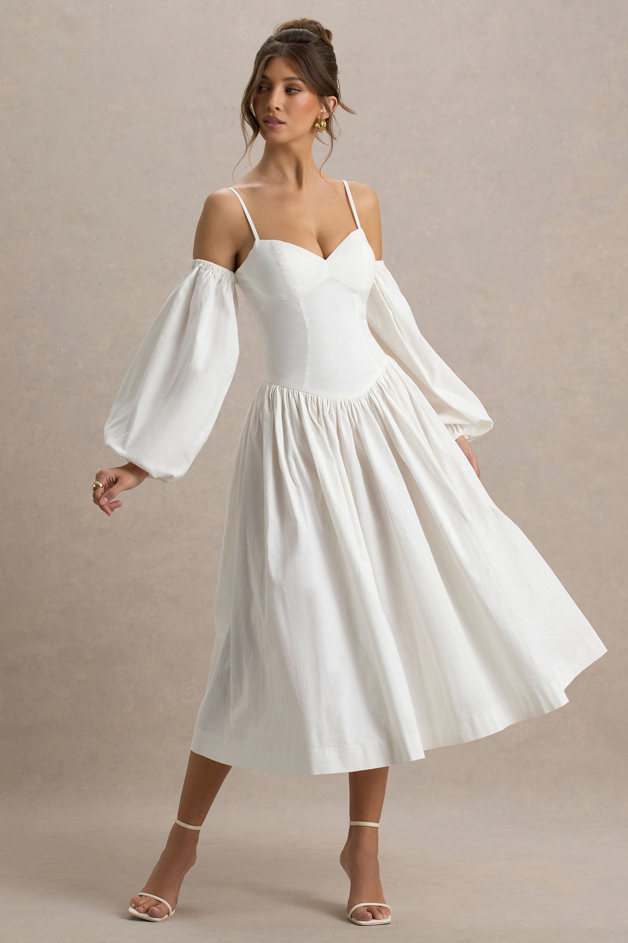 Macie | Cream Sweetheart Midi Dress With Balloon Sleeves-Sowoom