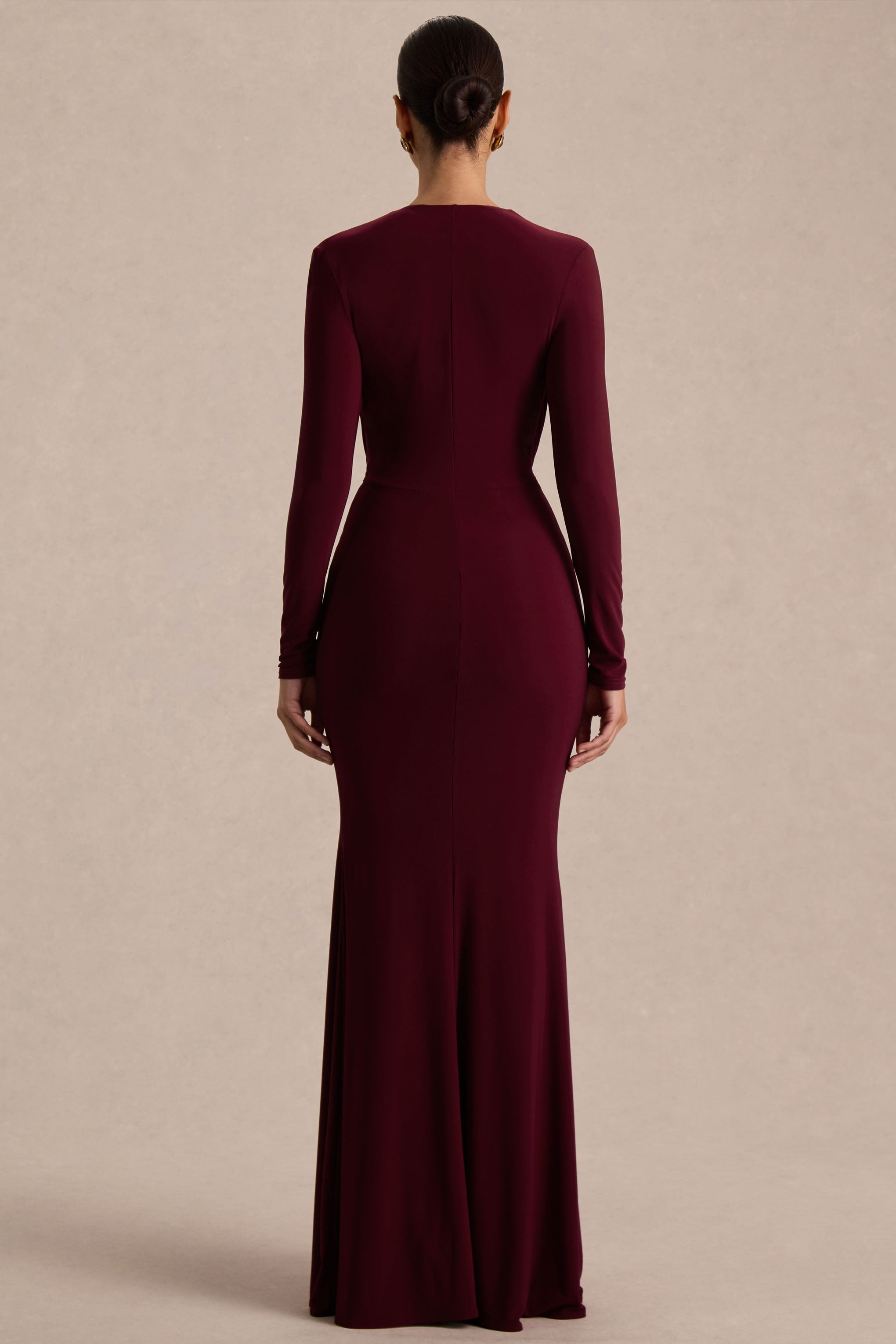 Command | Burgundy Plunge-Neck Maxi Dress With Front-High Split-Sowoom
