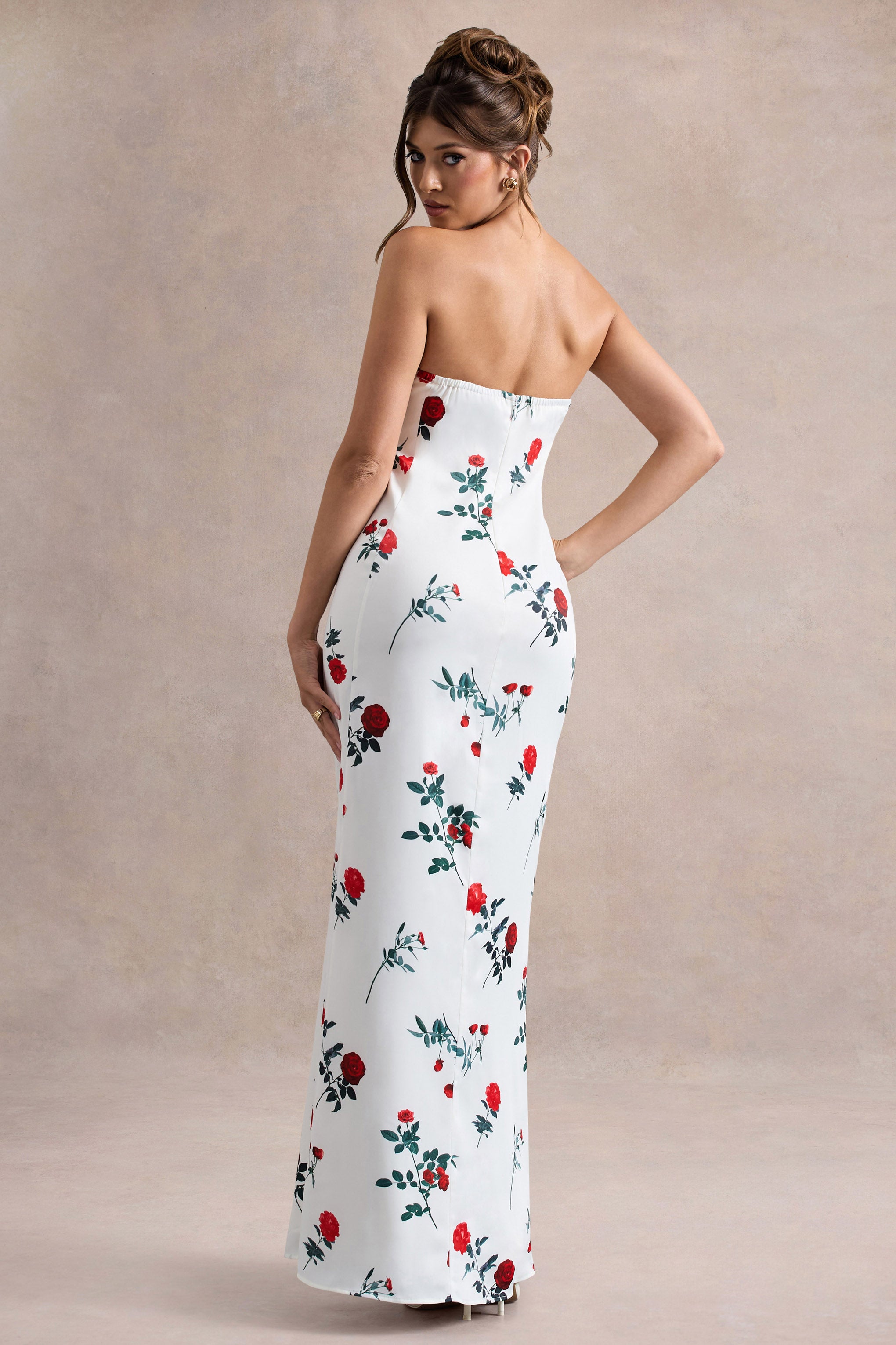 Azra | Rose Print Satin Bandeau Maxi Dress-Sowoom