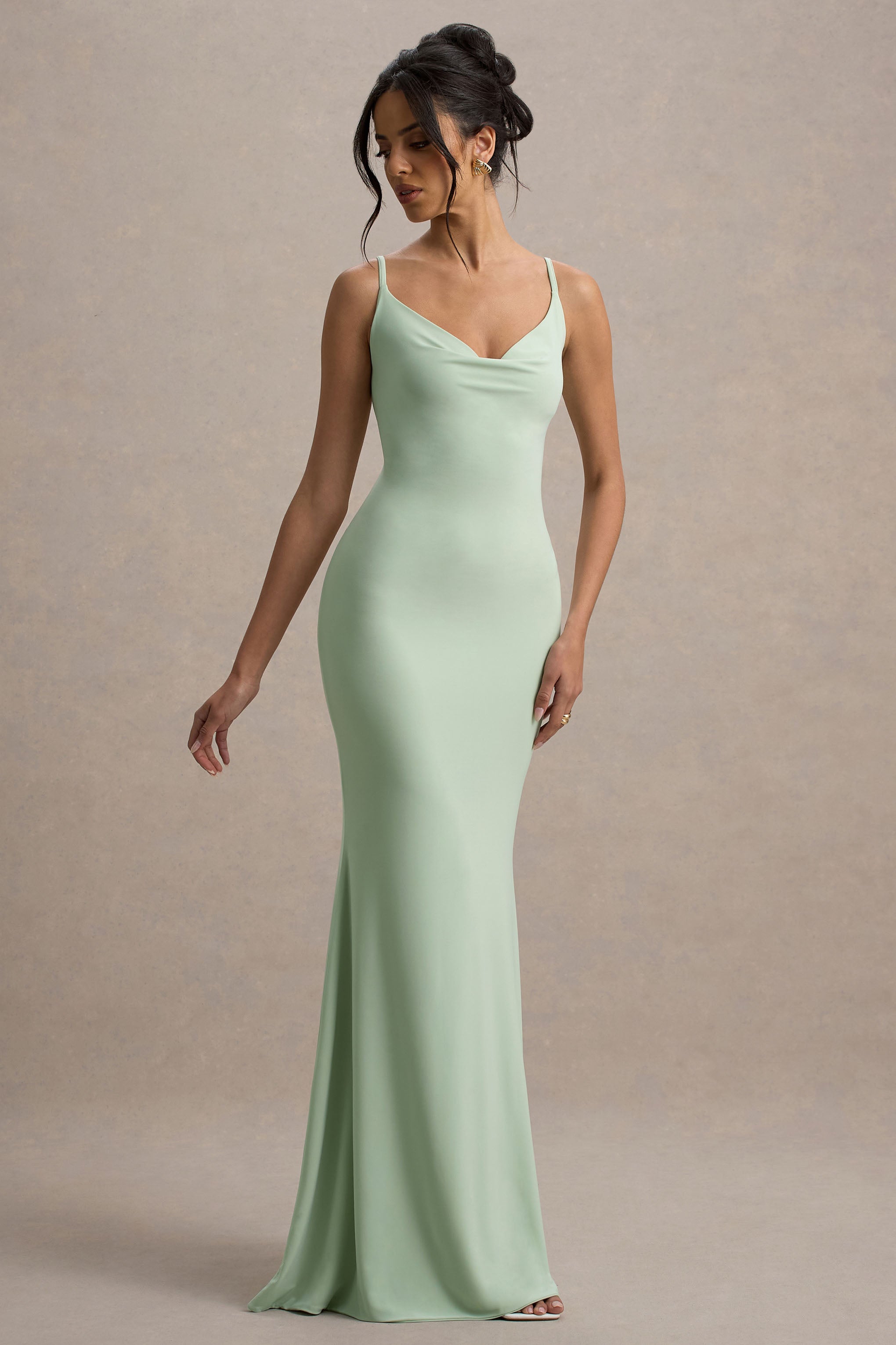 Francoise | Light Green Cowl Neck Backless Maxi Dress With Lace Insert-Sowoom