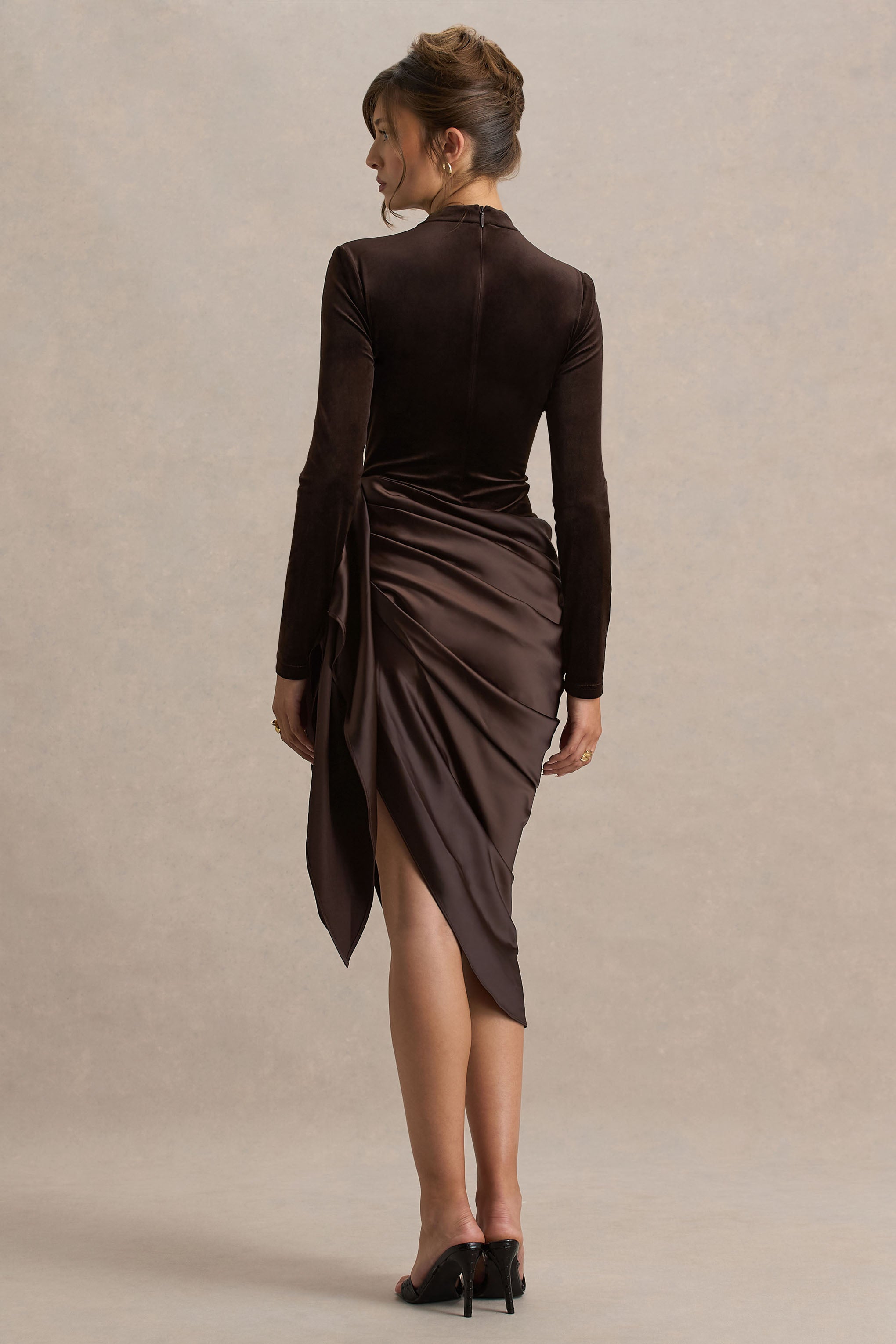 Sasha | Brown Satin And Velvet Midi Dress With Wrap-Detail-Sowoom