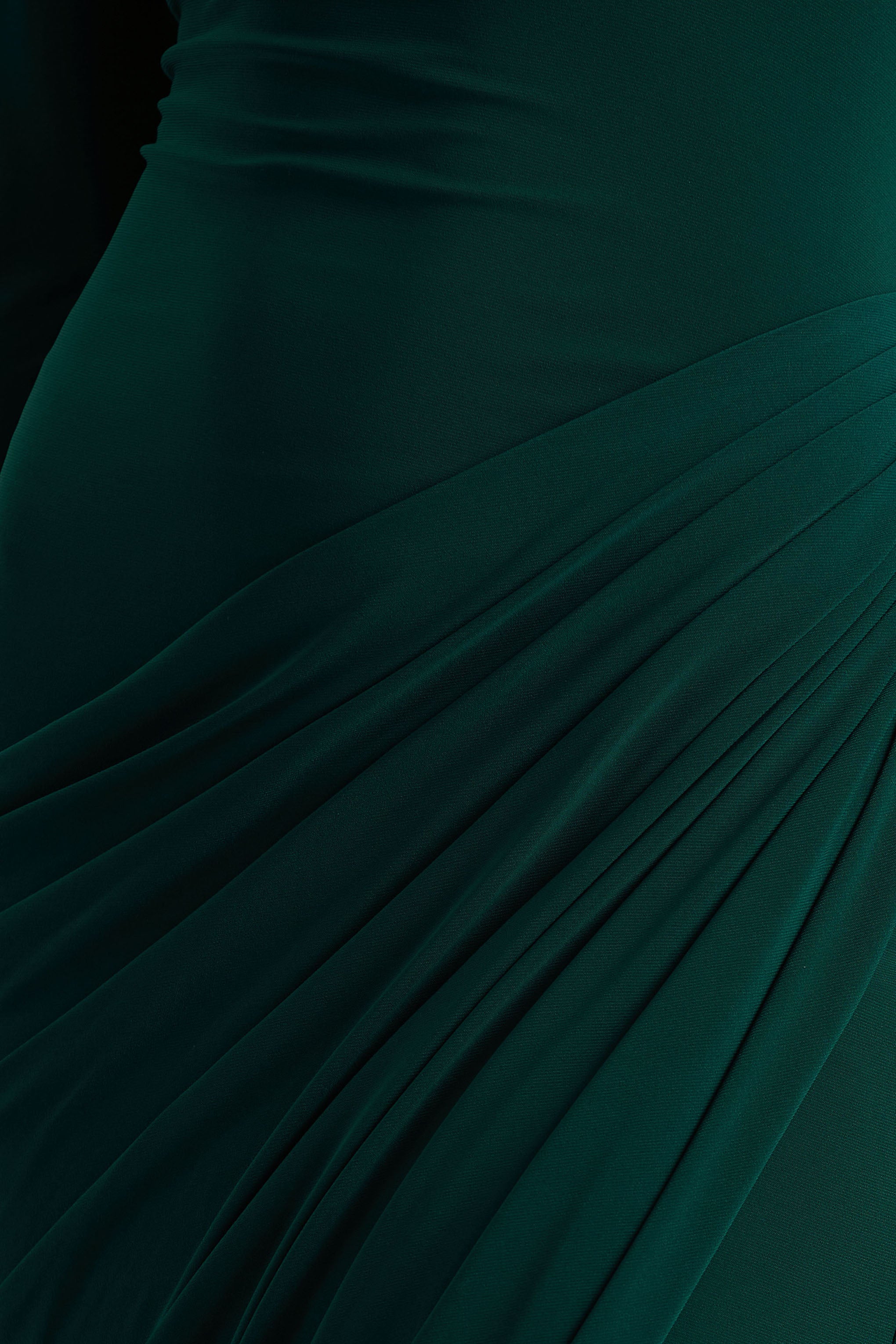 Betsy | Bottle Green High-Neck Maxi Dress With Front Split And Ruched Detailing-Sowoom