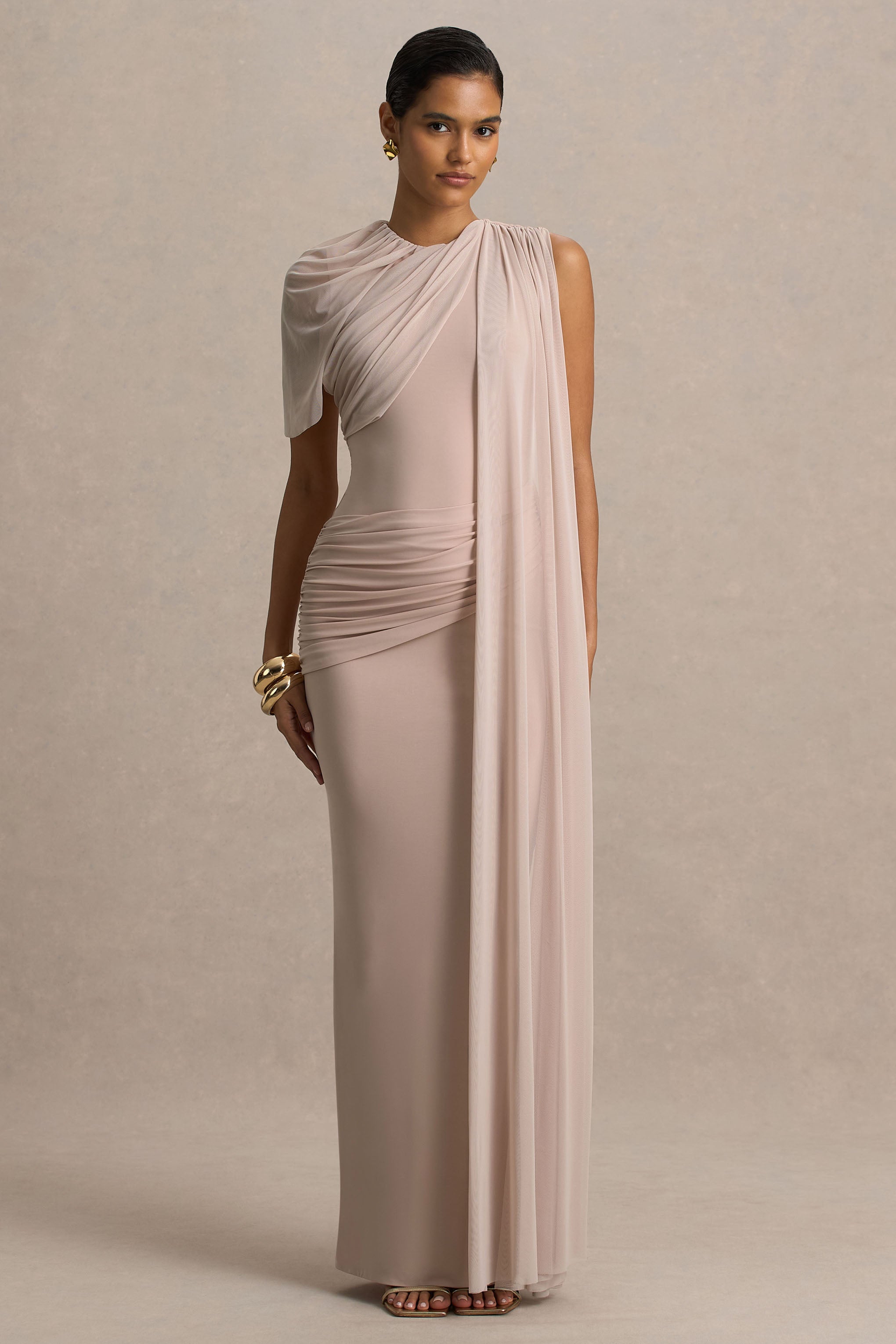 Brenda | Champagne Crew-Neck Maxi Dress With Mesh Cape And Sash-Sowoom