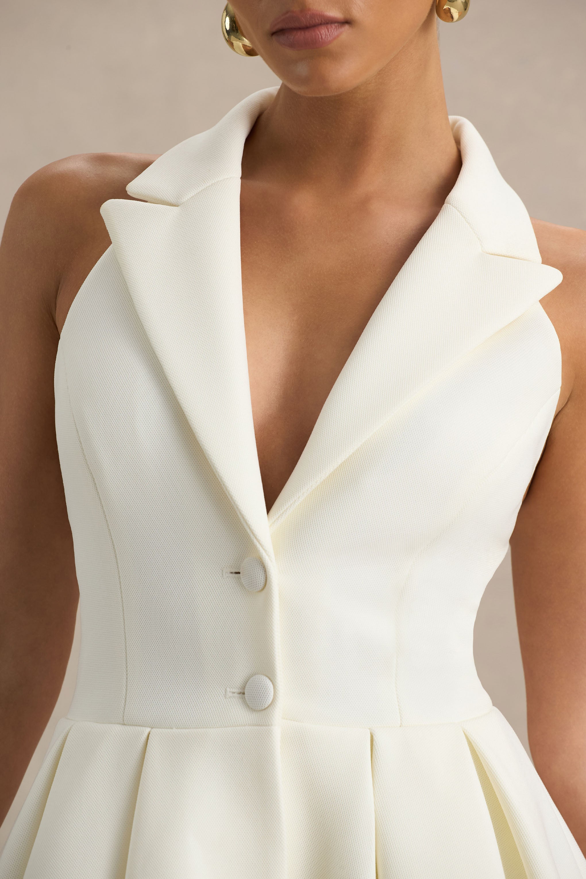 Kyla | White Plunge-Neck Mini Dress-Sowoom