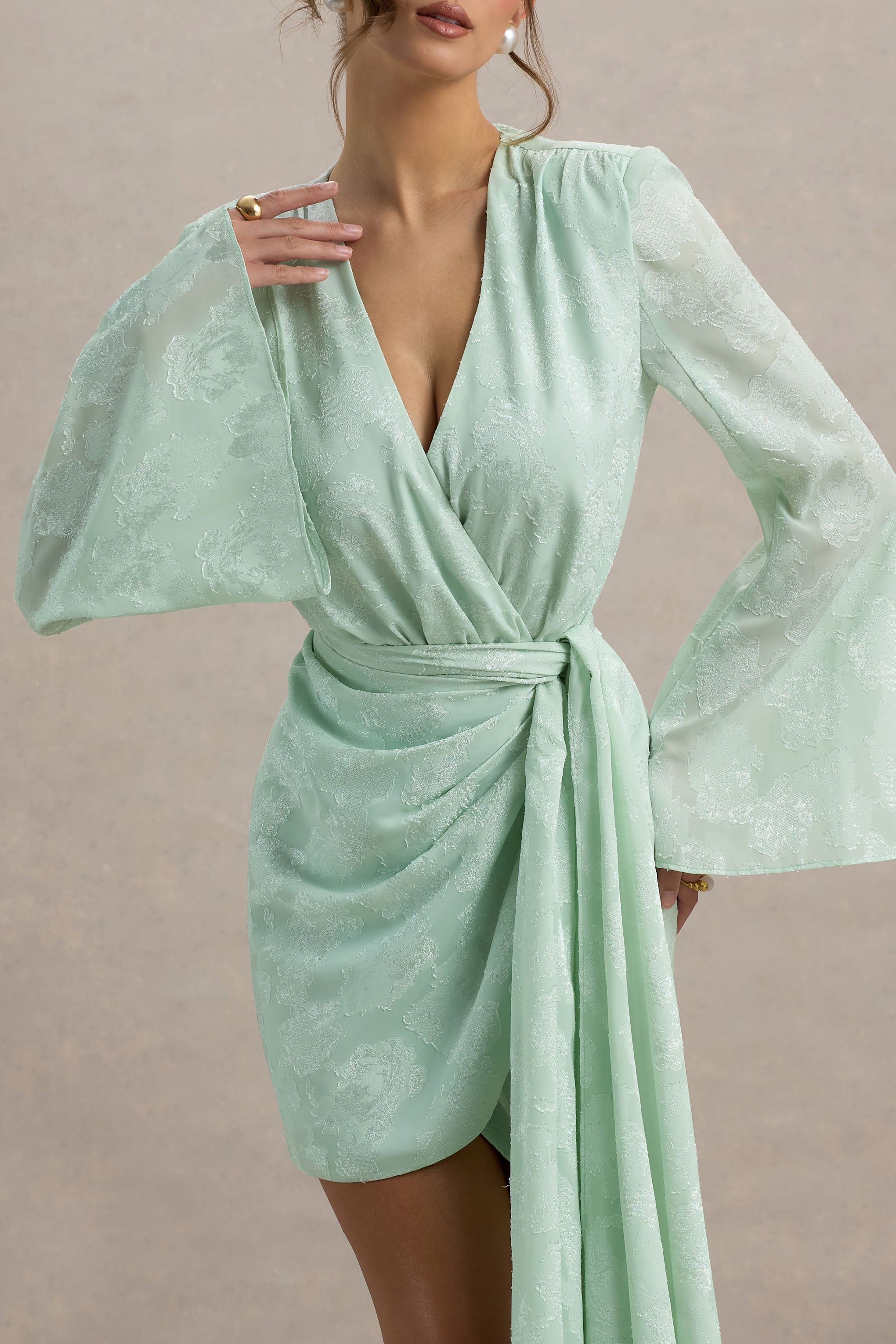 Doreen | Mint Long-Sleeve Wrap Mini Dress-Sowoom
