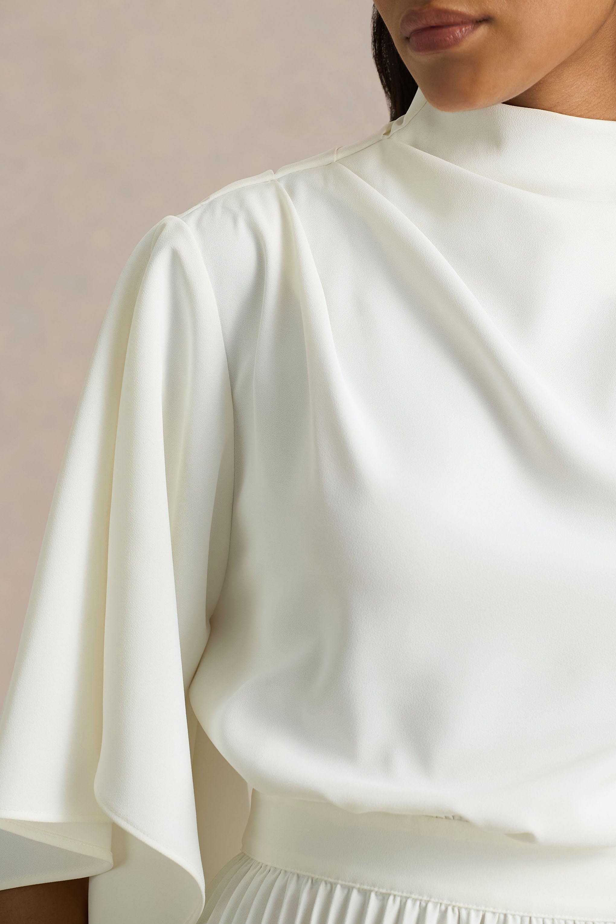 Jimena | Cream High-Neck Midi Dress With One-Long Sleeve And Pleated Detailing-Sowoom