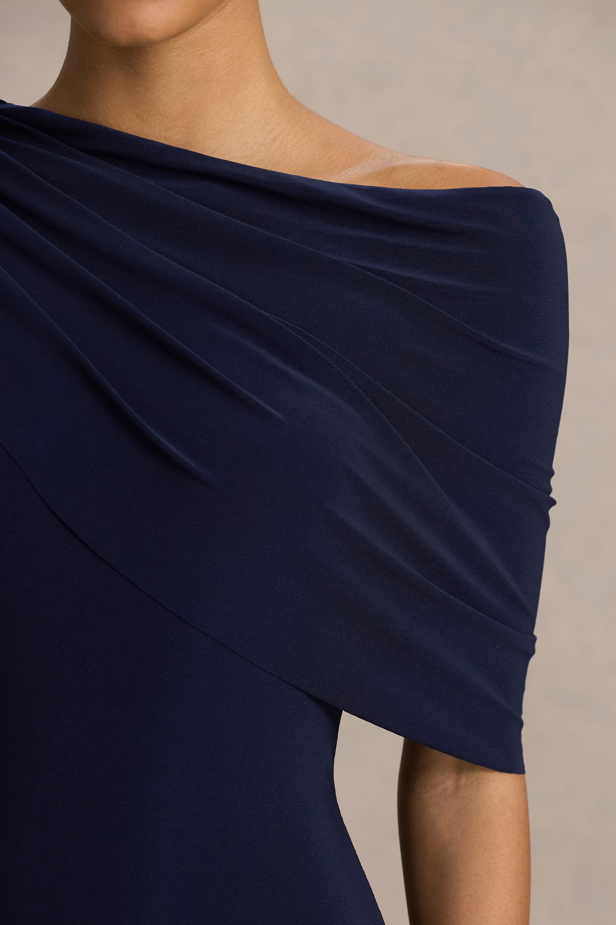 Tiana | Navy Asymmetric-Neck Maxi Dress With Drape-Detail-Sowoom