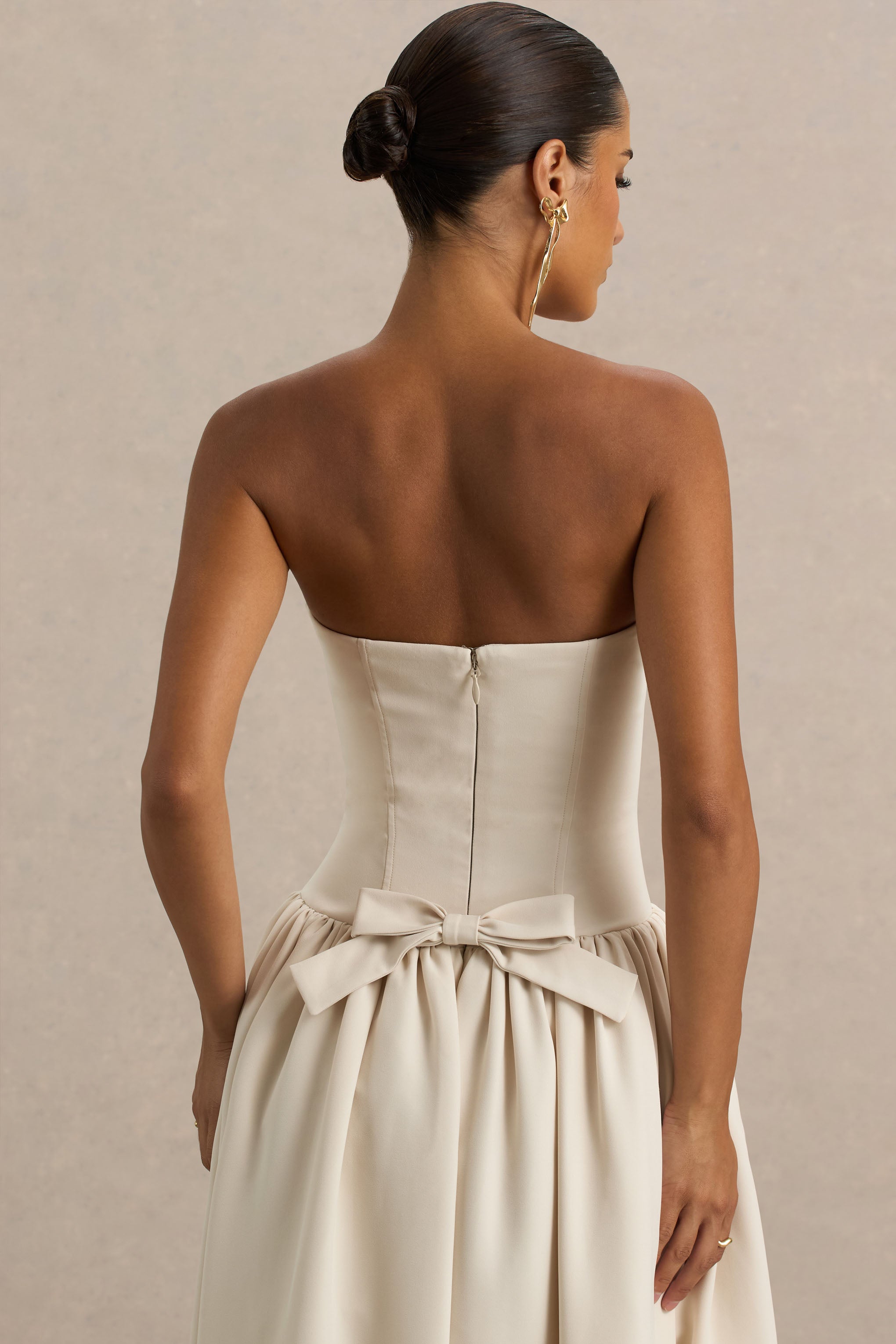 Candice | Cream Bandeau Volume Midi Dress With Back Bow Detail-Sowoom