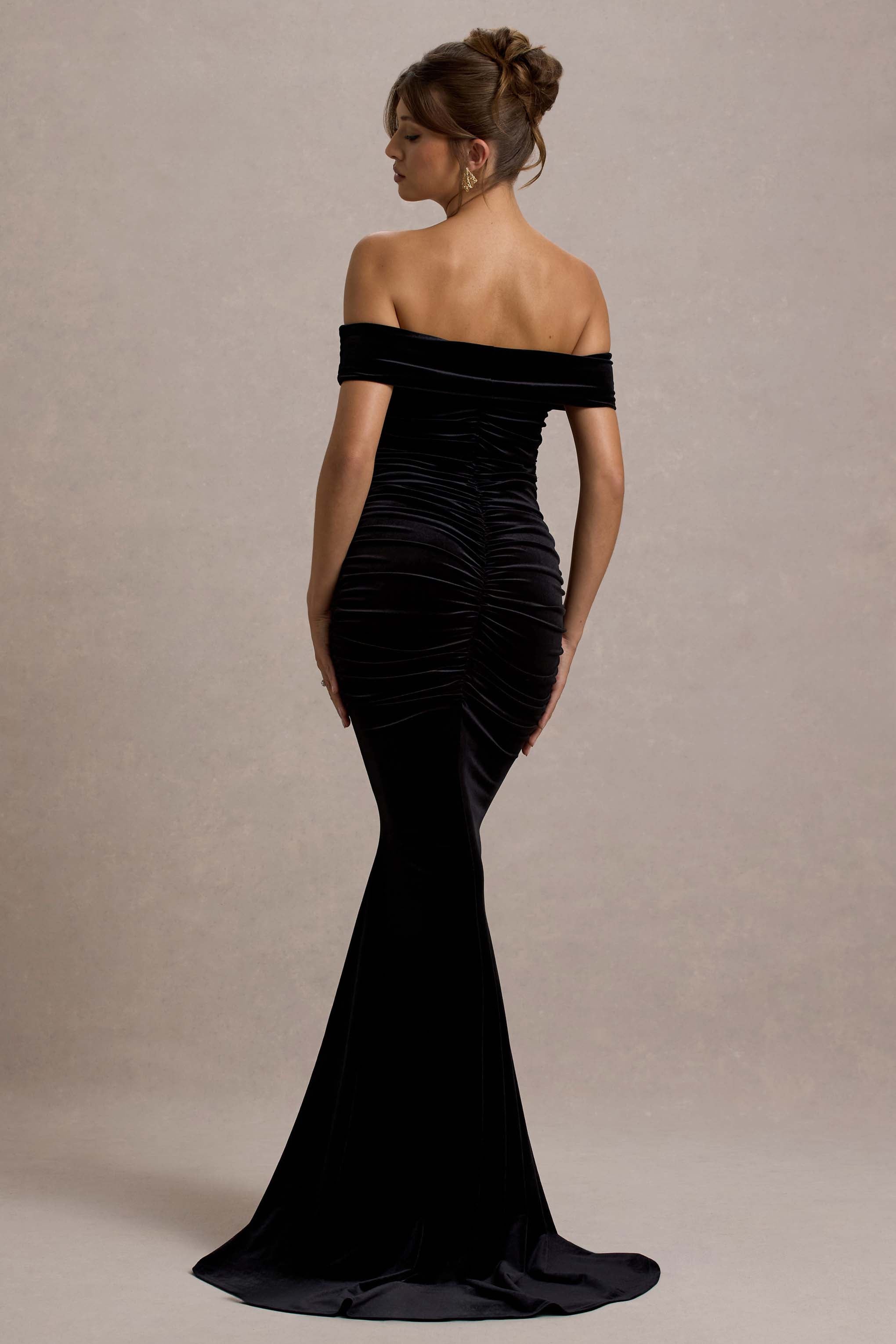 Apolline | Black Velvet Off The Shoulder Ruched Fishtail Maxi Dress-Sowoom