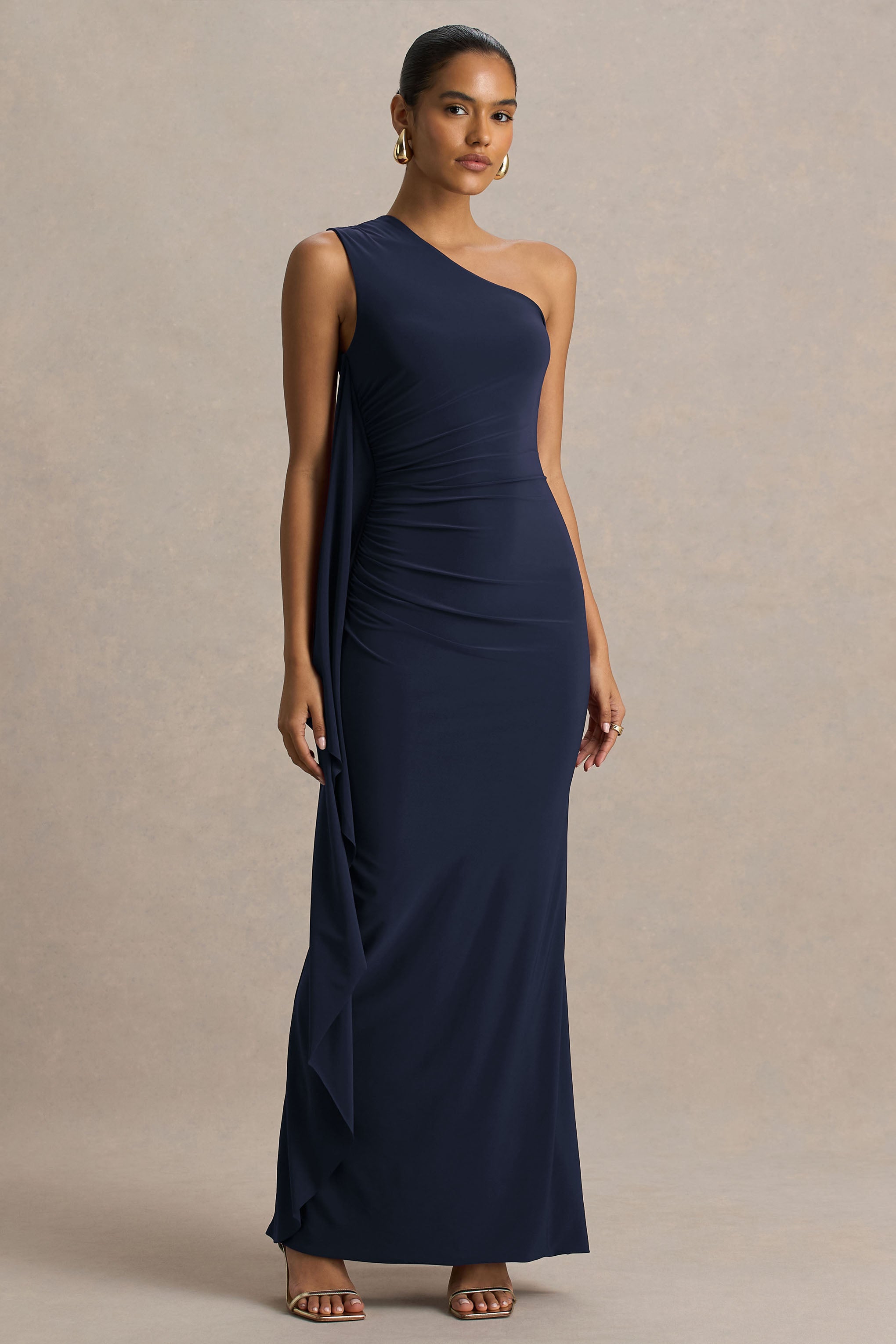 Adelina | Navy One-Shoulder Maxi Dress With Drape-Sowoom