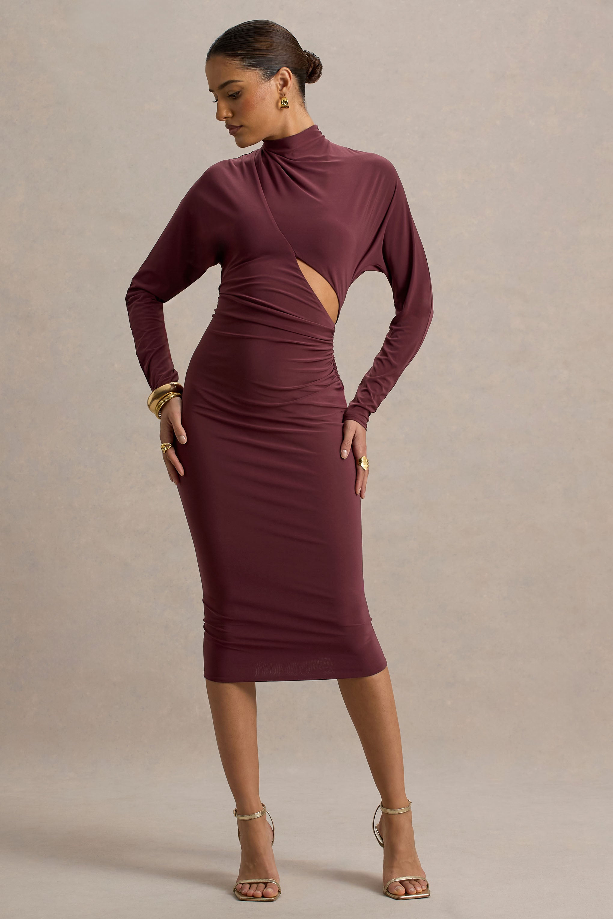 Pandora | Burgundy Long-Sleeve Midi Dress With Cut-Out-Sowoom